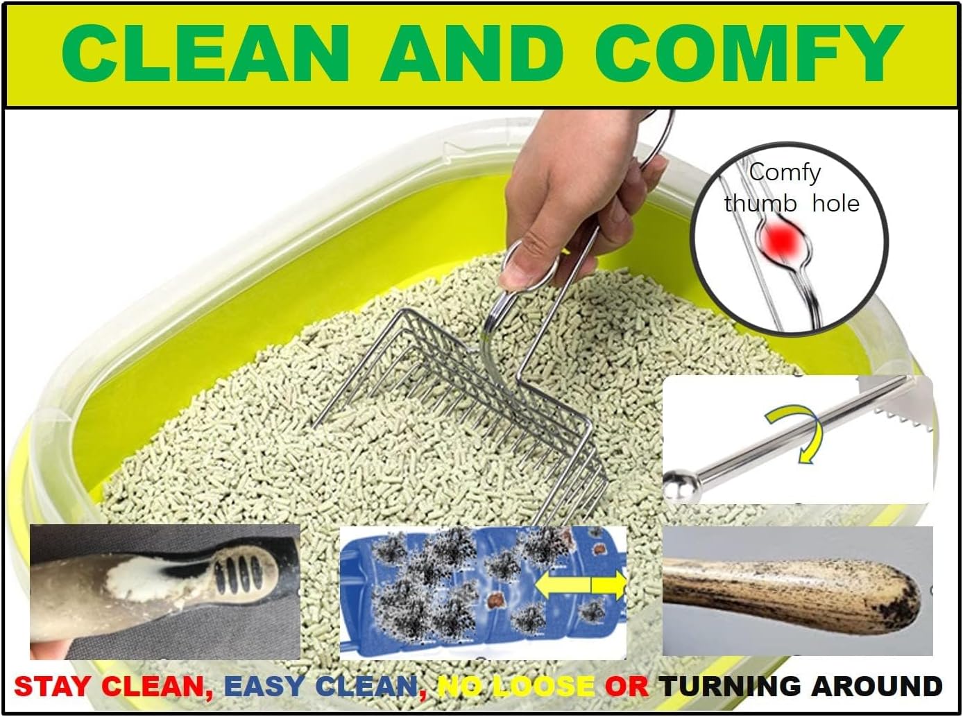 Metal Cat Litter Scoop, Fast and Clean Clumping Kitty Litter Scooper with Holder, Flat Ledging Edge, Large Solid and Comfy! All Metal Fun Maker, Say No to Dirty and Loose Handle,1+2pcs