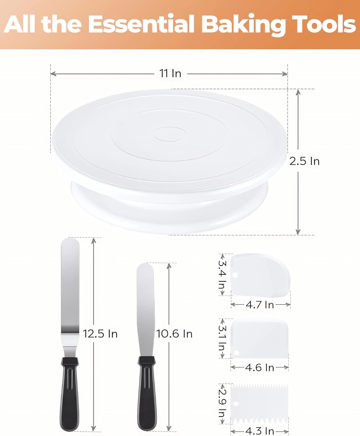 11 Inch Cake Rotating Turntable with 2 Icing Spatula and 3 Icing Smoother, Cake Rotating Turntable Stand White Baking Cake Decorating Supplies 6 PCS