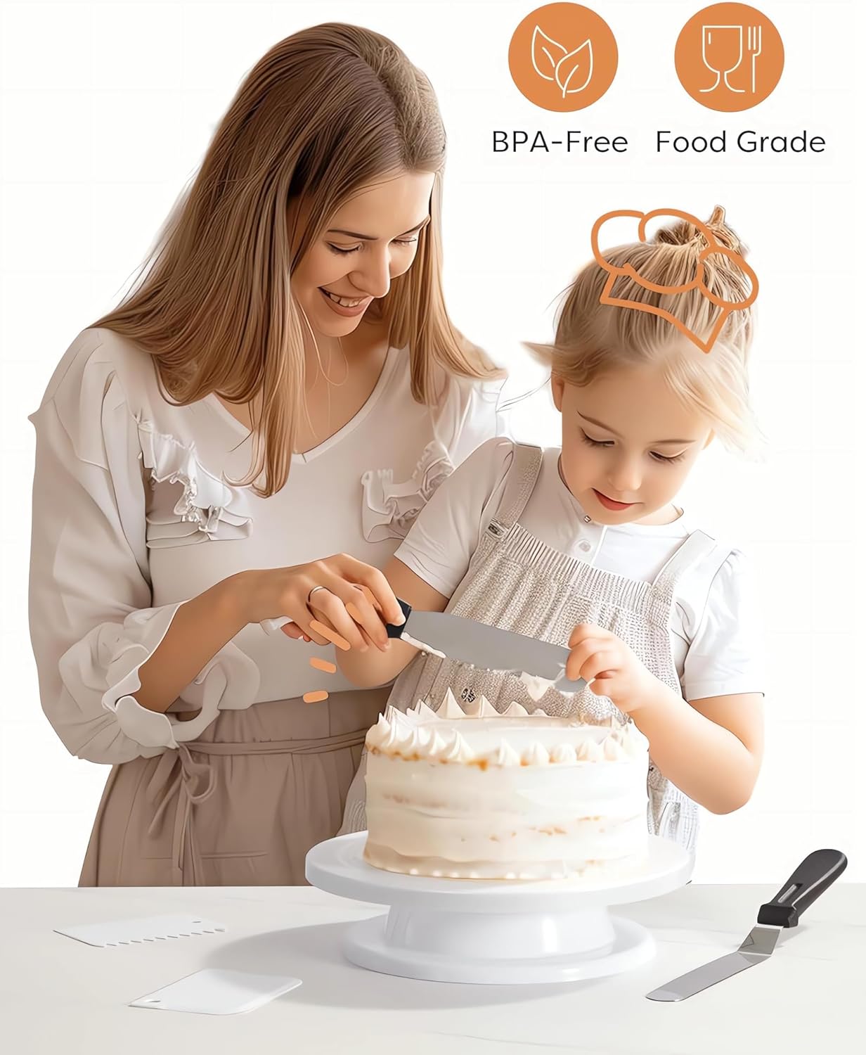 11 Inch Cake Rotating Turntable with 2 Icing Spatula and 3 Icing Smoother, Cake Rotating Turntable Stand White Baking Cake Decorating Supplies 6 PCS