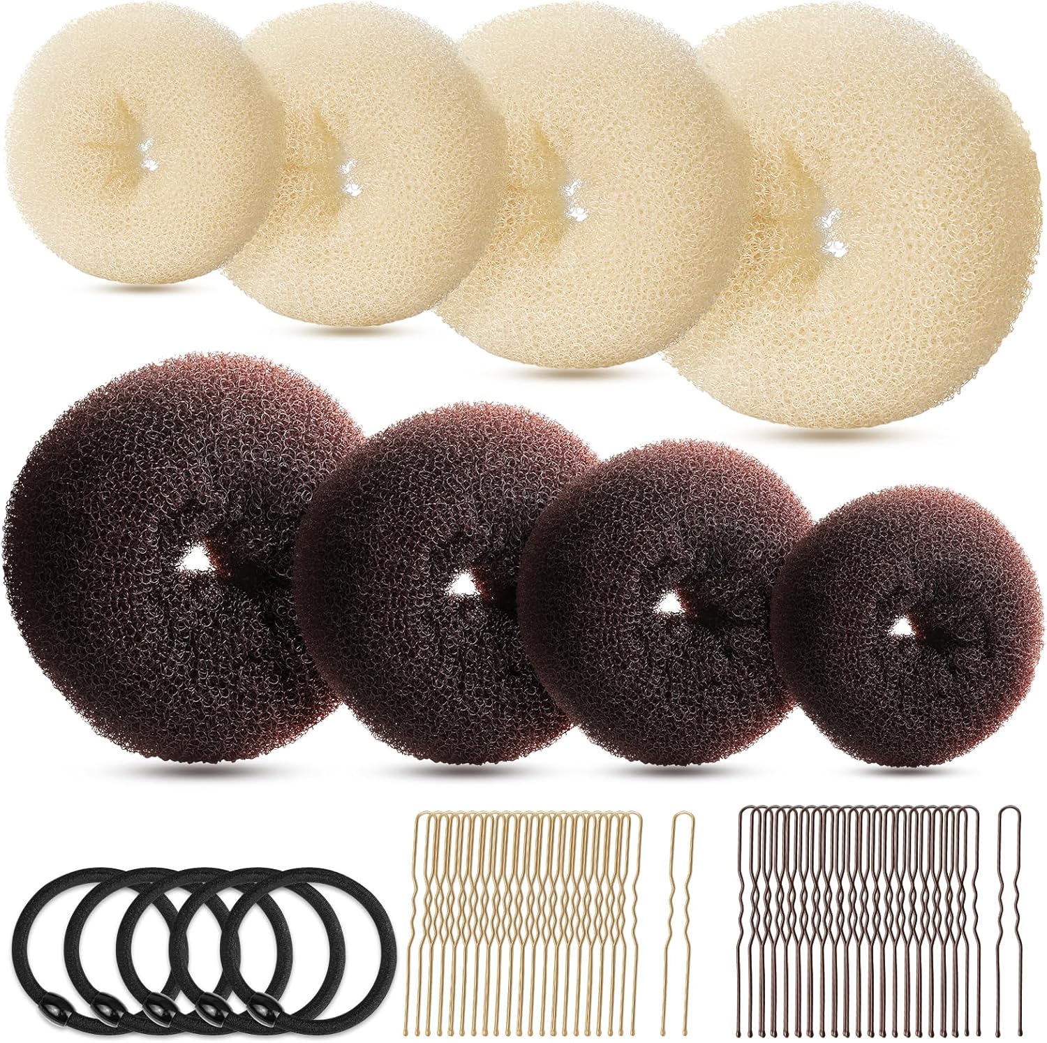 Hair Bun Maker Set, Donut Bun Maker Set With 4pcs Dark Brown &4pcs Beige 2 extra-large,2 large,2 medium and 2 small , 5 pieces Hair Elastic Bands, 40 pieces Hair Bobby Pins Brown and Gold