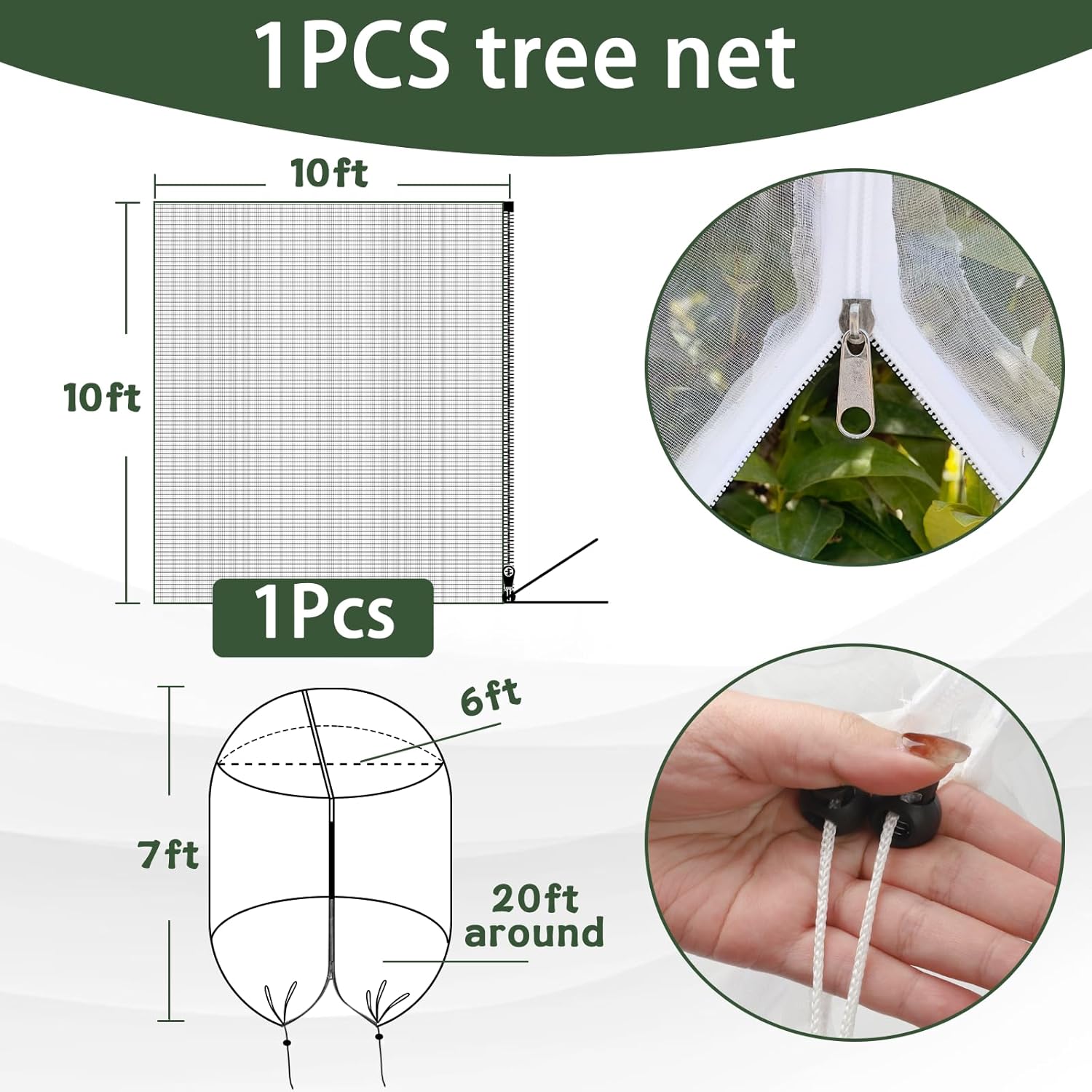 1Pack 10 * 10FT Large Fruit Tree Netting Bags with Zipper and Drawstring, Bird Netting for Blueberry Bushes and Apple Tree, Garden Netting Cover Safeguard Plant from Birds, Pest and Deer