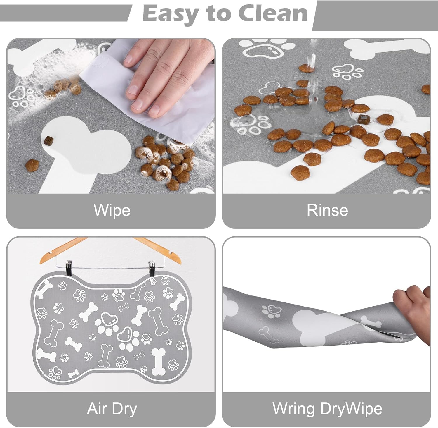 Dog Cat Food Mat,Rapid AbsorbentPet Feeding Mat, Bone Shaped Dog Placemat Water Bowl Mat with Rubber Backing,No Stains Dog Cat Food Mats Indoor, Pet Accessories Supplies 12"x18" Grey