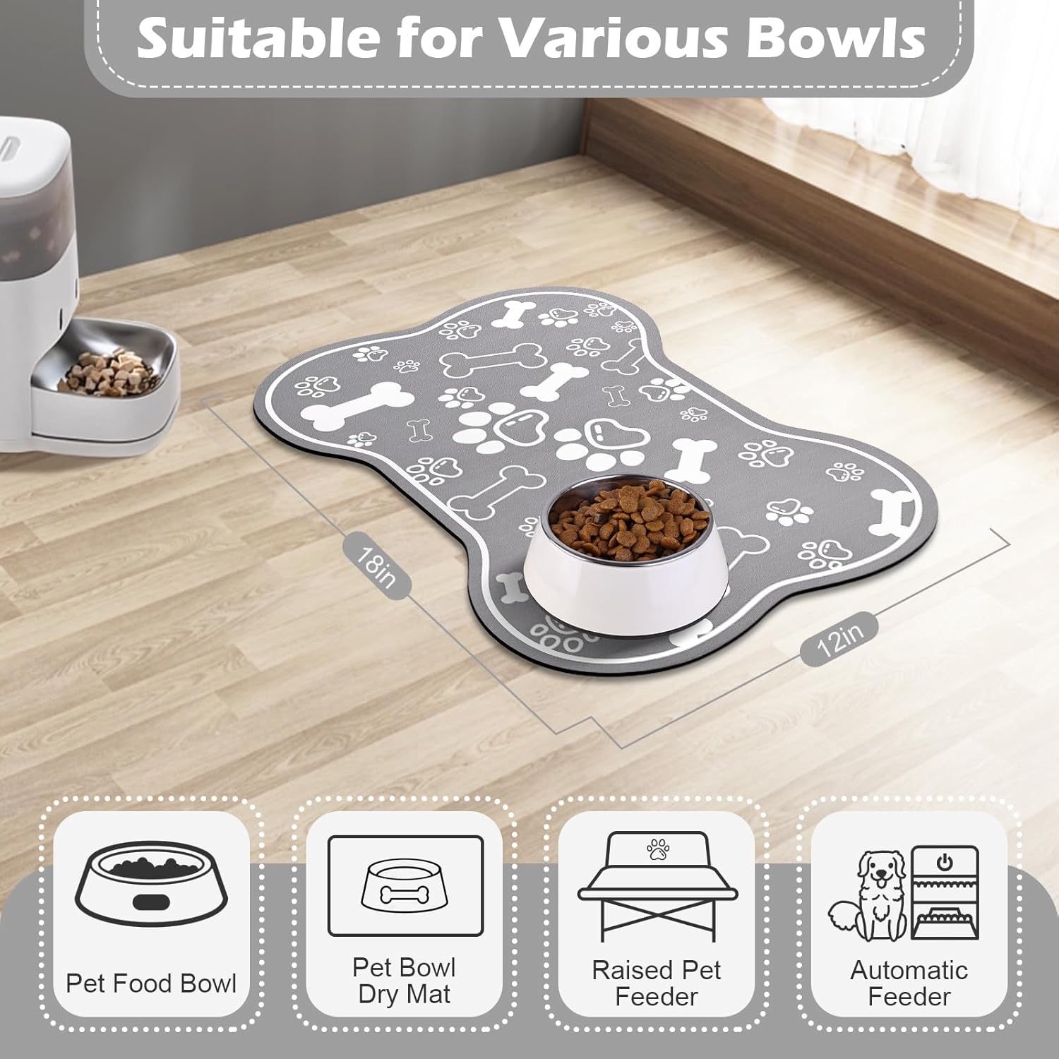 Dog Cat Food Mat,Rapid AbsorbentPet Feeding Mat, Bone Shaped Dog Placemat Water Bowl Mat with Rubber Backing,No Stains Dog Cat Food Mats Indoor, Pet Accessories Supplies 12"x18" Grey