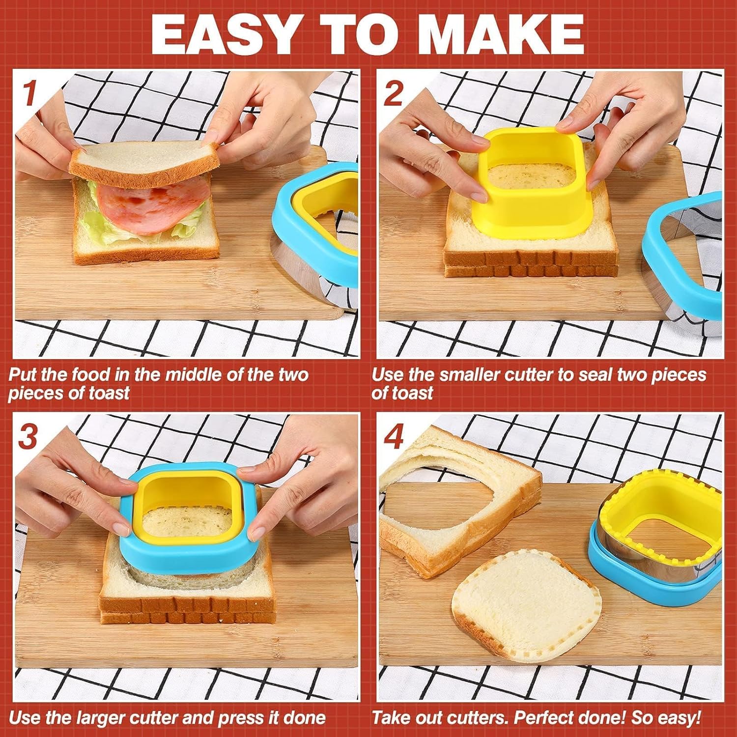 Sandwich Cutter and Sealer Set 4 Pcs Bread Decruster Sandwich Cutter Pancake Maker Heart Square Circle Dinosaur Shape DIY Cookie Cutters Gift for Kids Adult Boys Girls