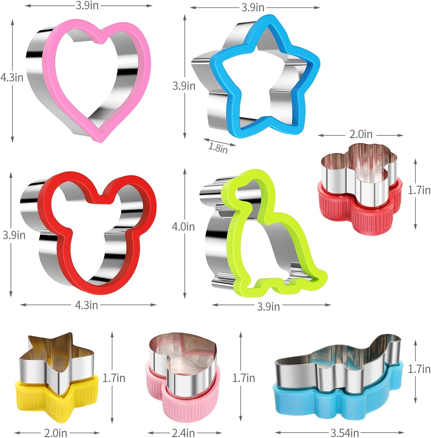 Stainless Steel Sandwiches Cutter Set, Dinosaur & Heart & Star Shapes Sandwiches Cutter Cookie Cutter -Food Grade Cookie Cutter Mold for Kids Big+Medium, 8pack
