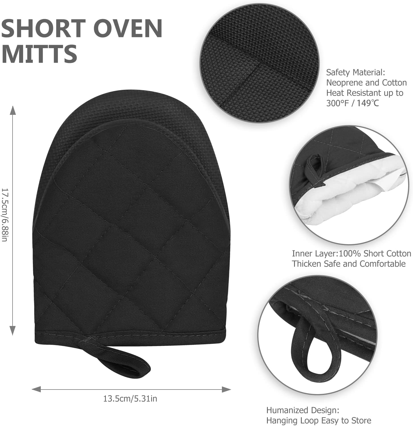 1 Pair Short Oven Mitts - Silicone Kitchen Oven Gloves High Heat Resistant 500℉, Mini Oven Mits with Non-Slip Grip Surfaces and Hanging Loop for BBQ, Baking, Cooking and Grilling Black