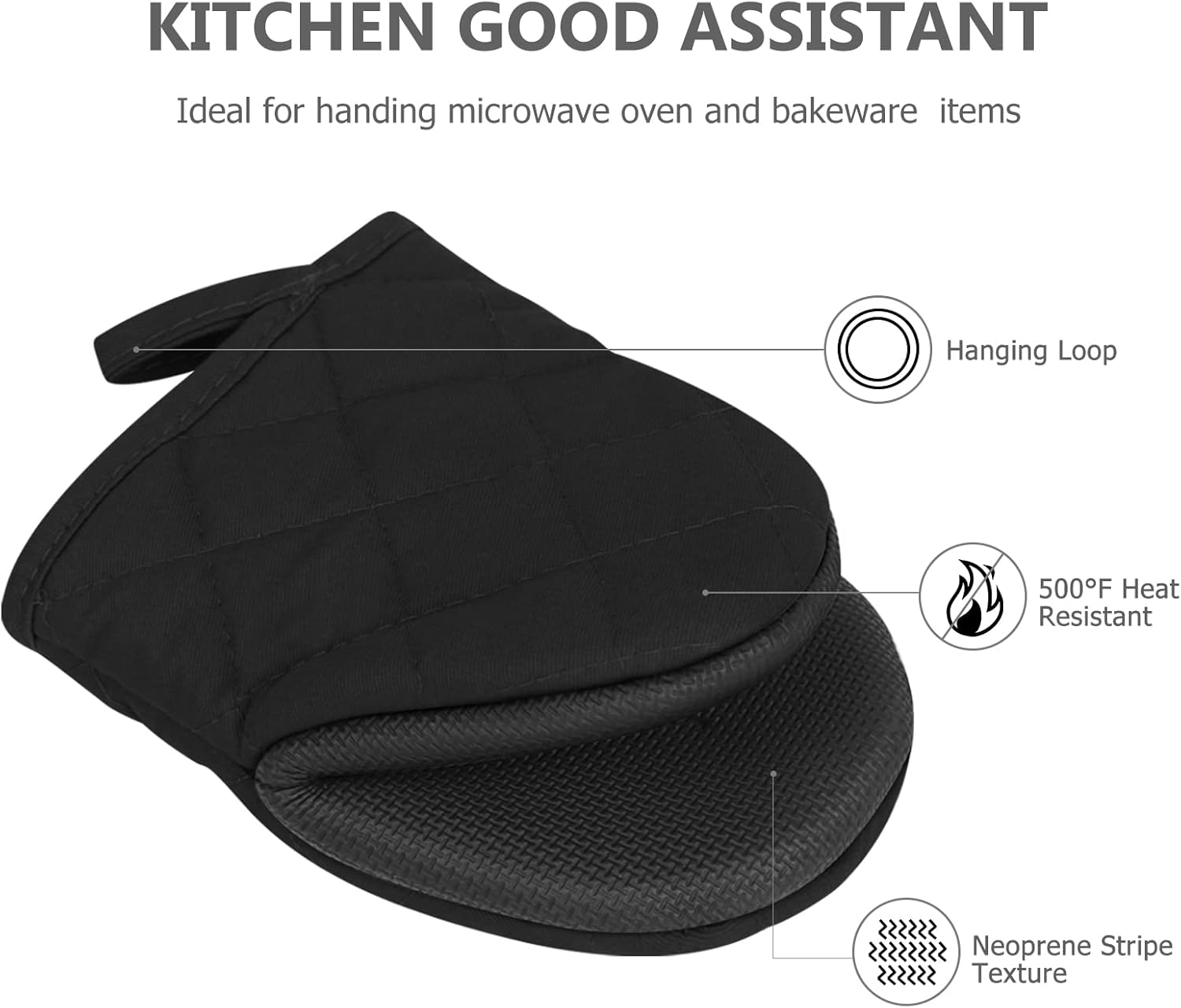1 Pair Short Oven Mitts - Silicone Kitchen Oven Gloves High Heat Resistant 500℉, Mini Oven Mits with Non-Slip Grip Surfaces and Hanging Loop for BBQ, Baking, Cooking and Grilling Black