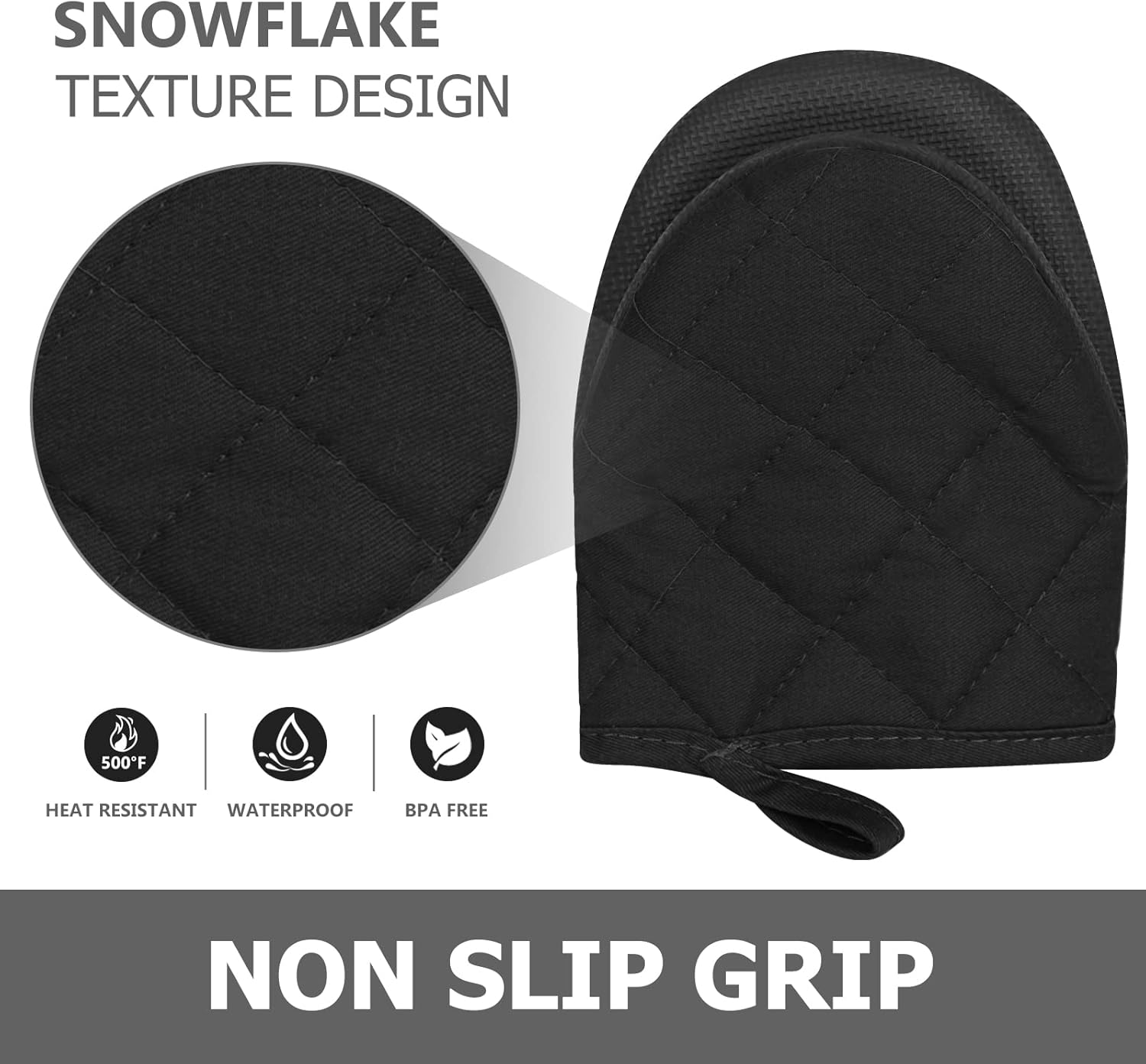 1 Pair Short Oven Mitts - Silicone Kitchen Oven Gloves High Heat Resistant 500℉, Mini Oven Mits with Non-Slip Grip Surfaces and Hanging Loop for BBQ, Baking, Cooking and Grilling Black