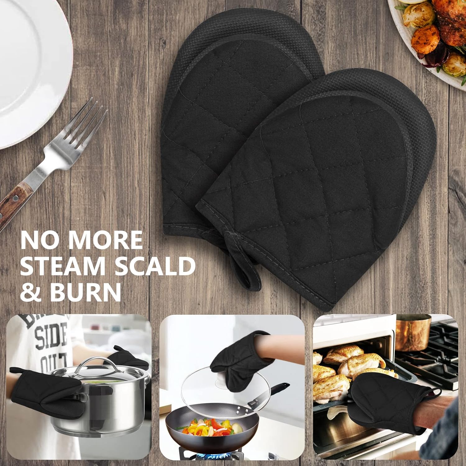 1 Pair Short Oven Mitts - Silicone Kitchen Oven Gloves High Heat Resistant 500℉, Mini Oven Mits with Non-Slip Grip Surfaces and Hanging Loop for BBQ, Baking, Cooking and Grilling Black