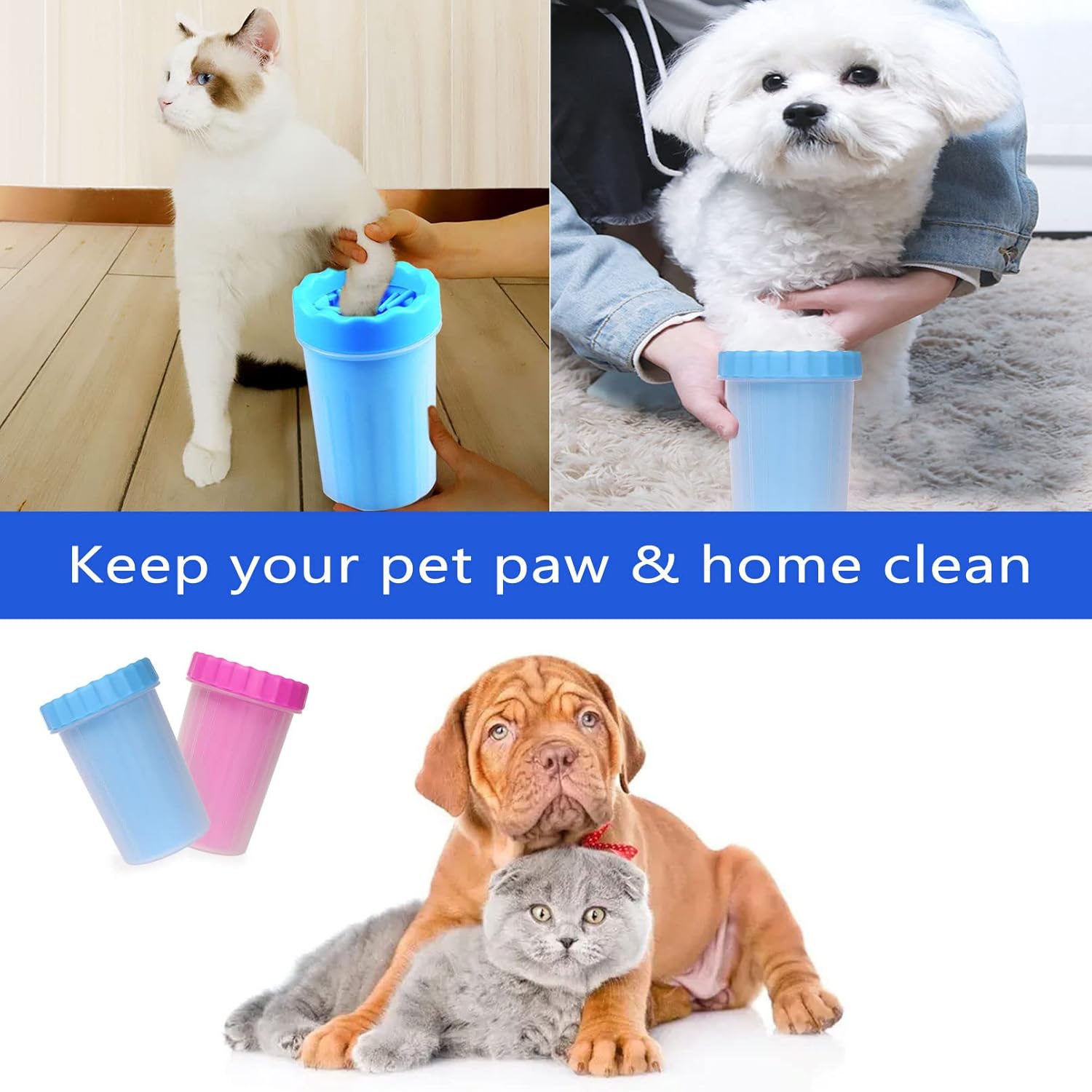 2 In 1 Portable Silicone Pet Cleaning Brush - Muddy Paw Washer Cup for Dogs and Cats, Grooming Foot Cleaner Gift for Pet Owners Blue, Small