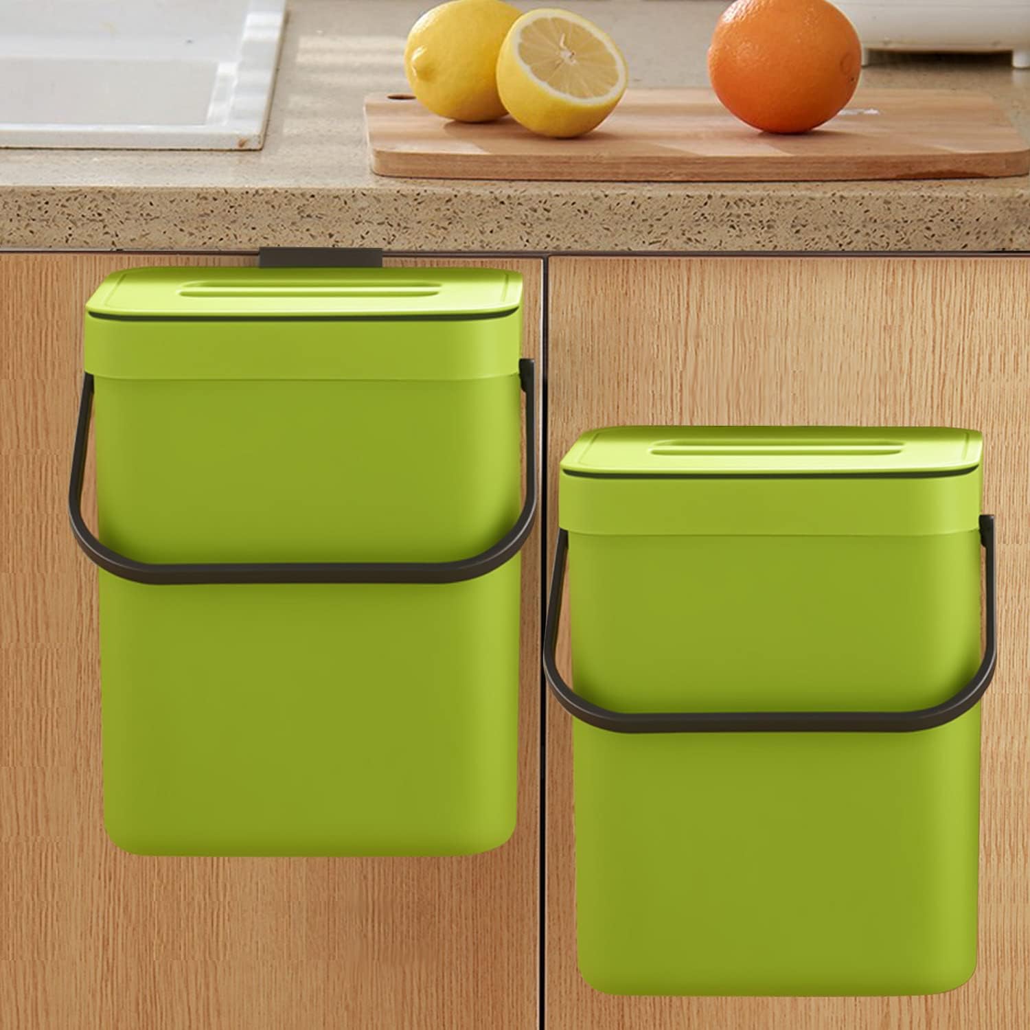 Small Plastic Trash Can, Hanging Small Trash Can with Lid Under Sink for Kitchen, Food Waste Bin for Countertop, Mountable Garbage Can for Bathroom, RV, 5L/1.3 Gal, Green