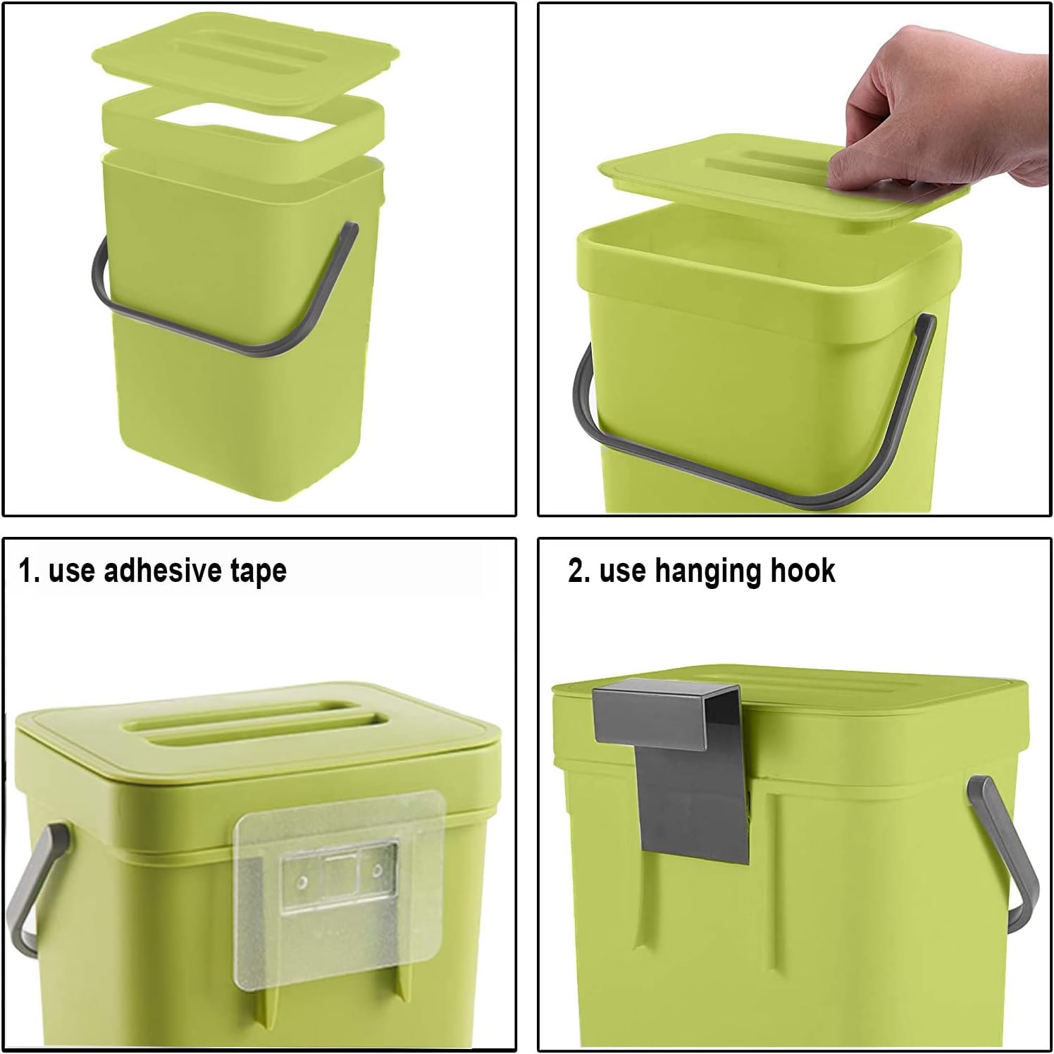 Small Plastic Trash Can, Hanging Small Trash Can with Lid Under Sink for Kitchen, Food Waste Bin for Countertop, Mountable Garbage Can for Bathroom, RV, 5L/1.3 Gal, Green