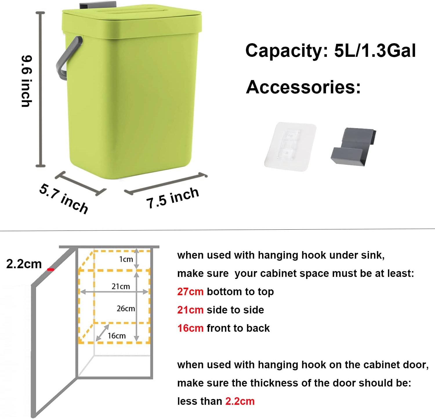 Small Plastic Trash Can, Hanging Small Trash Can with Lid Under Sink for Kitchen, Food Waste Bin for Countertop, Mountable Garbage Can for Bathroom, RV, 5L/1.3 Gal, Green