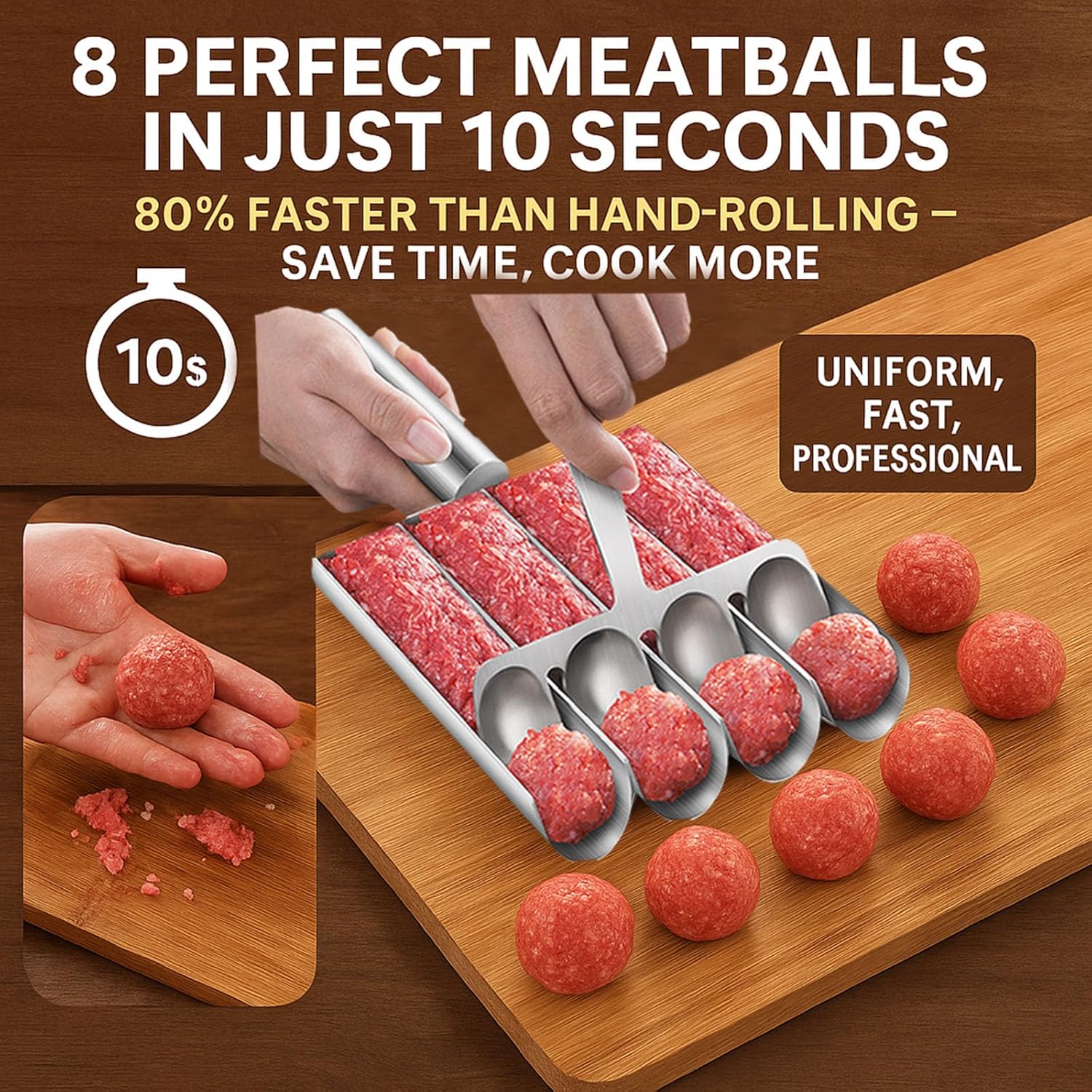 Meatball Maker Tool, 304 Stainless Steel Kitchen Manual Non Stick Meatball Maker, Portable Meatball Spoon Ball Maker Kitchen Restaurant Must Have Meatball Making Set，Home Cooking Tools 4-channel