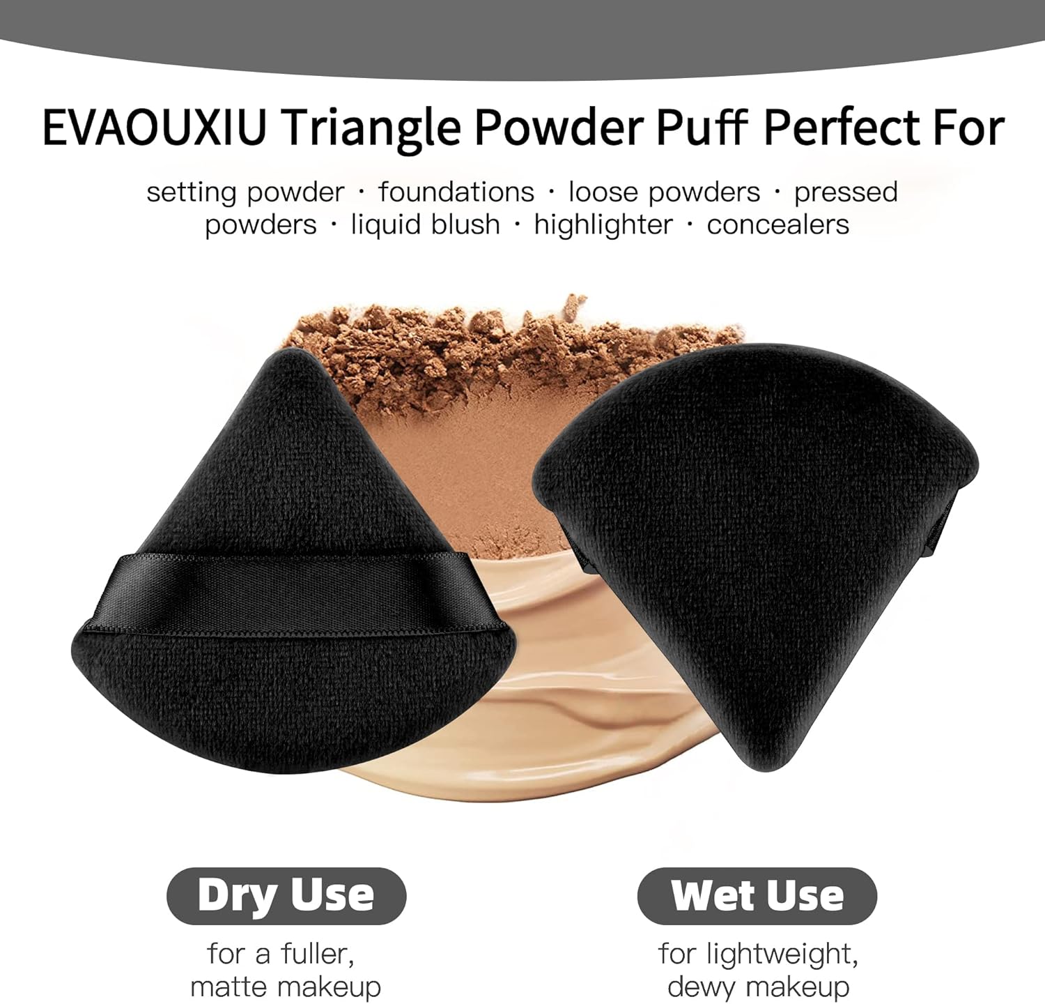 2 Pcs Triangle Powder Puff for Face Powder, Soft Plush Setting Powder Puff, Velour Cosmetic Foundation Blender Sponge Beauty Makeup Tools Black