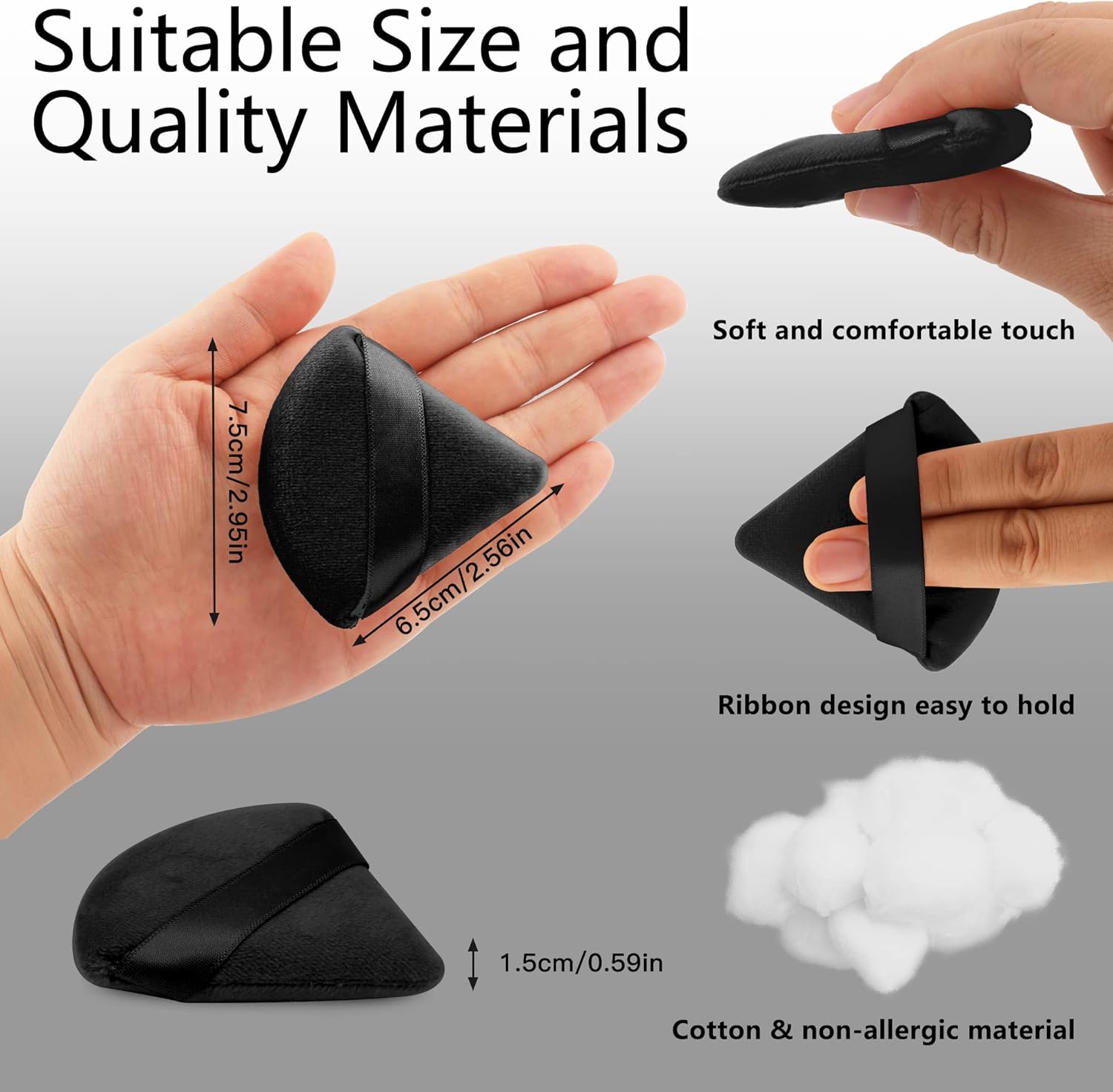 2 Pcs Triangle Powder Puff for Face Powder, Soft Plush Setting Powder Puff, Velour Cosmetic Foundation Blender Sponge Beauty Makeup Tools Black