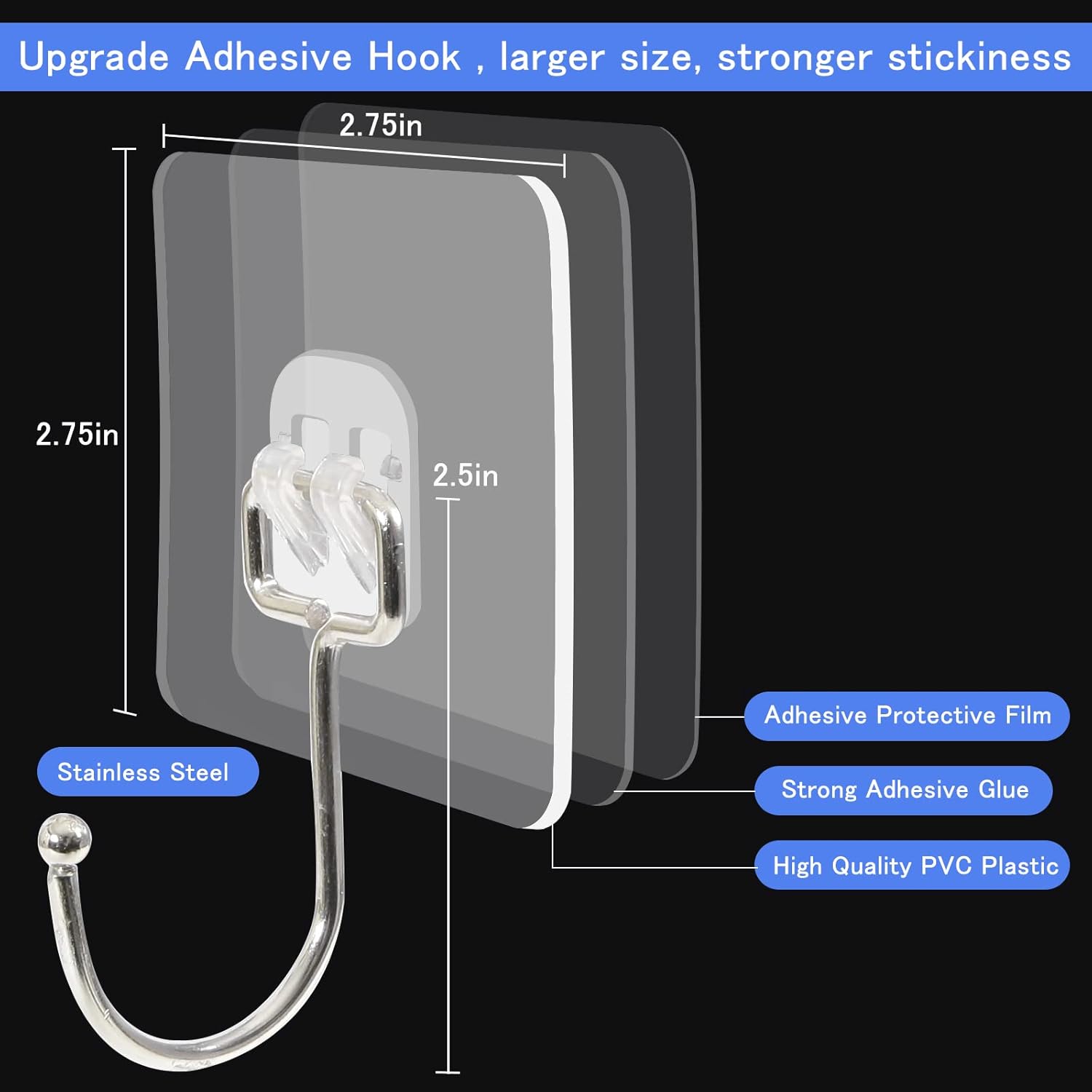 10 Packs Large Wall Hooks for Hanging Heavy Duty 33lb Max , Waterproof Transparent Adhesive Wall Hooks Wall Hangers Without Nails Sticky Hooks for Bathroom Shower Kitchen Door Utility Hooks Hanger