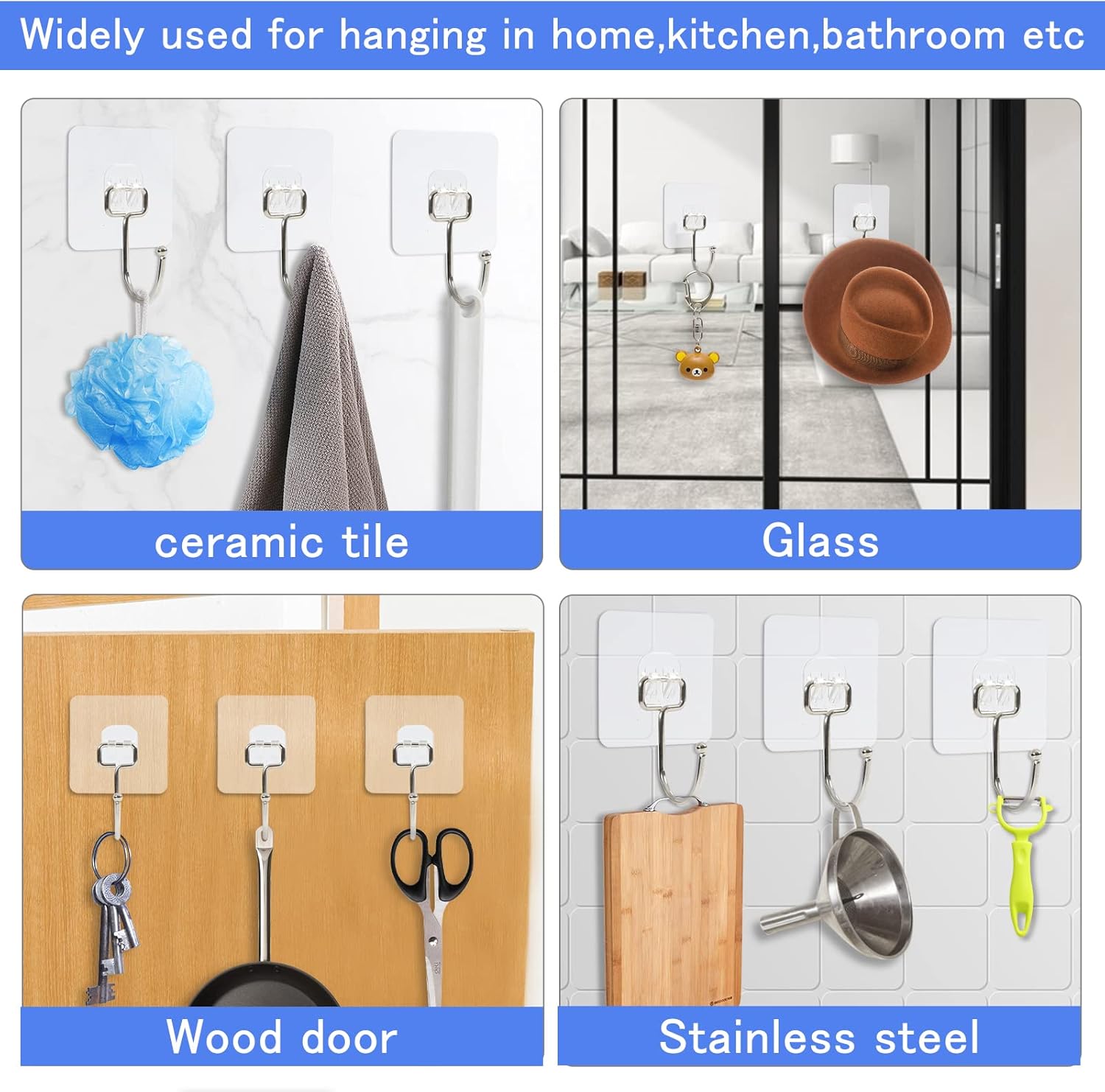 10 Packs Large Wall Hooks for Hanging Heavy Duty 33lb Max , Waterproof Transparent Adhesive Wall Hooks Wall Hangers Without Nails Sticky Hooks for Bathroom Shower Kitchen Door Utility Hooks Hanger