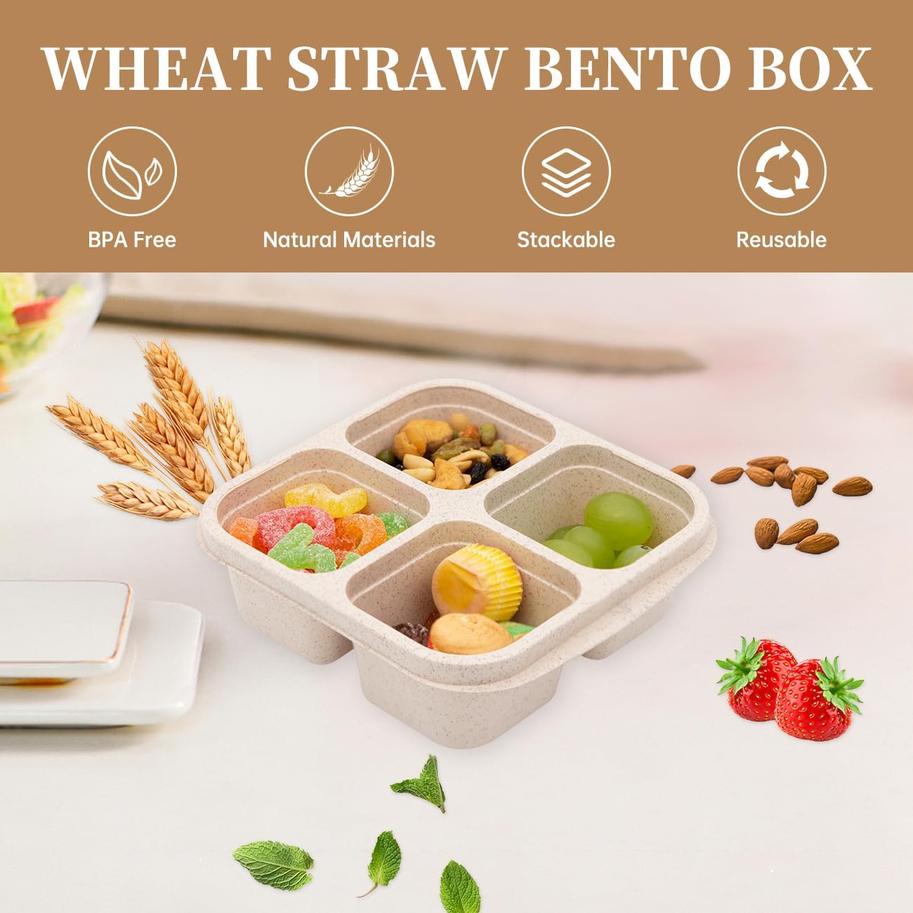 5 Pack Bento Lunch Box，4 Compartment Snack Containers，Divided Bento Snack Box，Meal Prep Lunch Containers, Lunch Box Kids/Toddle/Adults,Food Storage Containers for School, Work and Travel 5 pack
