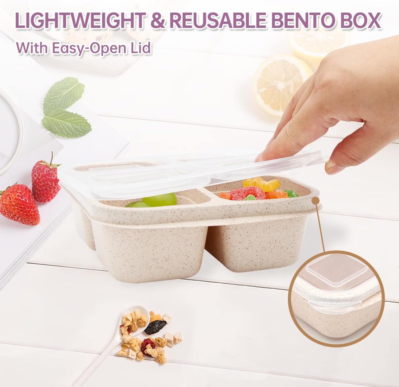 5 Pack Bento Lunch Box，4 Compartment Snack Containers，Divided Bento Snack Box，Meal Prep Lunch Containers, Lunch Box Kids/Toddle/Adults,Food Storage Containers for School, Work and Travel 5 pack