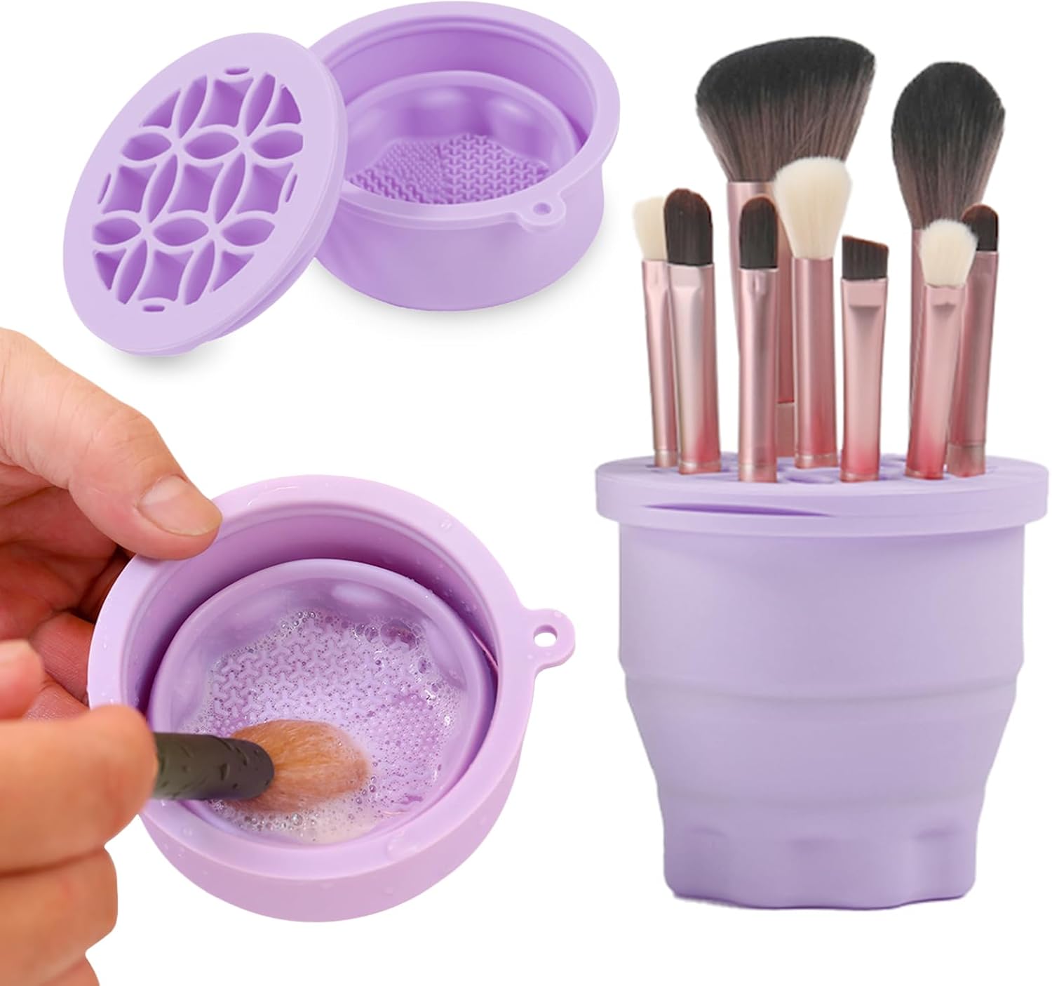 Makeup Brushes Cleaner Mat with Brush Storage Holder, Folding Portable Washing Tool for Makeup Brush Cleaning, 2 In 1 Silicone Brush Cleaner Pad & Cosmetic Brush Organizer Rack Purple