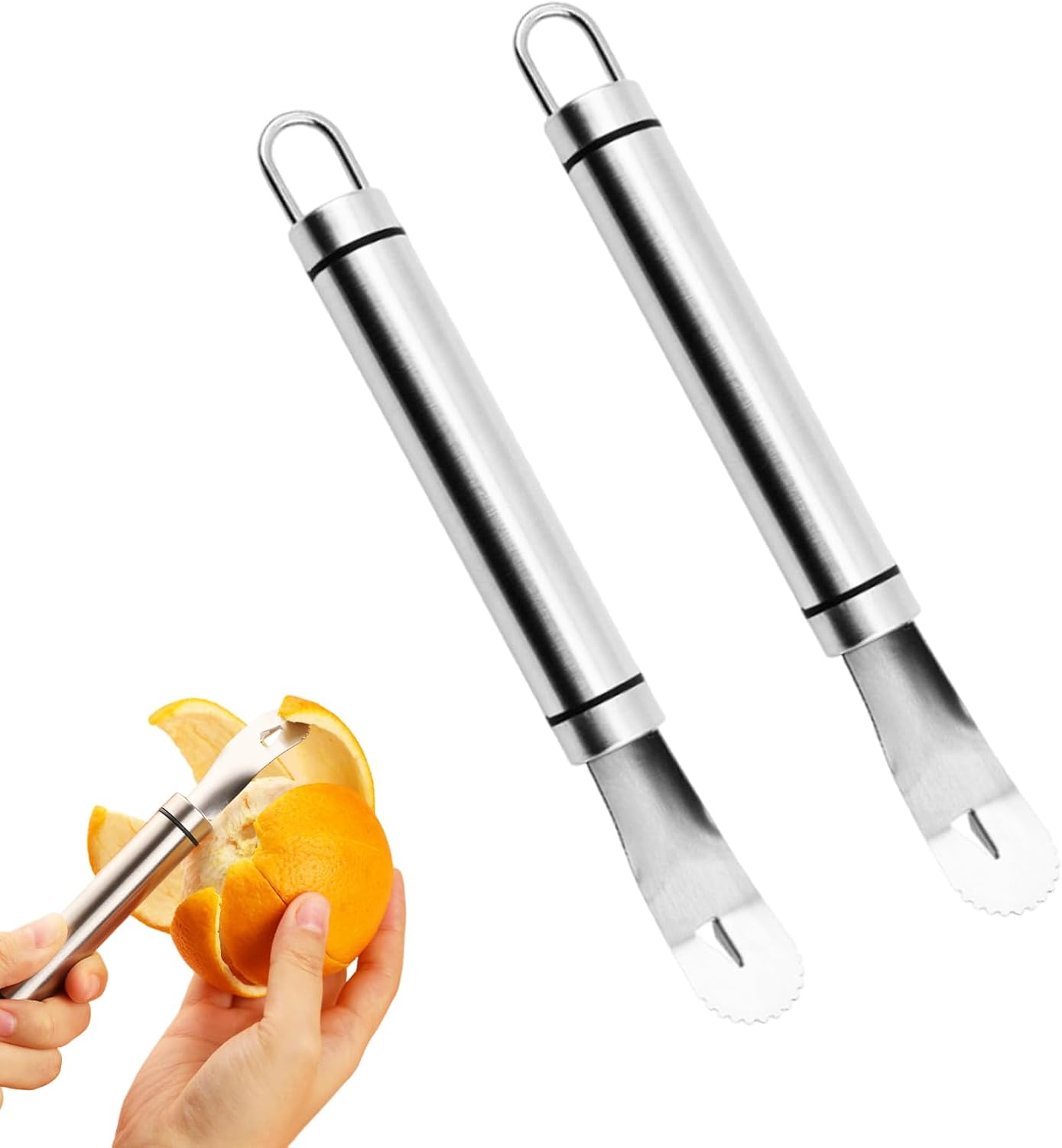 2PCS Stainless Steel Orange Peeler，Grapefruit Peeler，Easy to Peel, Long Handle Orange Citrus Peeler Tool, Triangular-Blade & Zigzag-Shovel Orange Peeler Gadget 2PCS