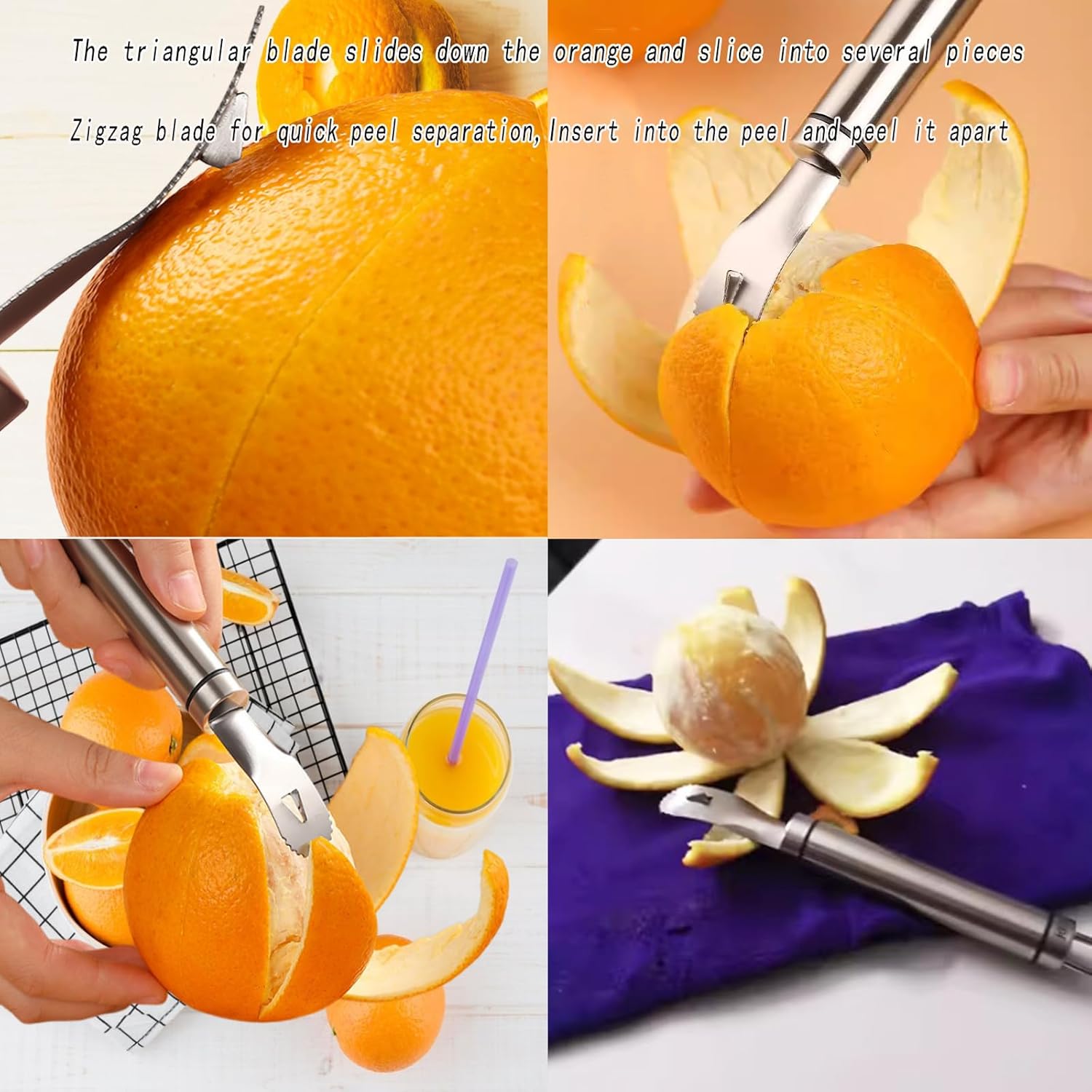 2PCS Stainless Steel Orange Peeler，Grapefruit Peeler，Easy to Peel, Long Handle Orange Citrus Peeler Tool, Triangular-Blade & Zigzag-Shovel Orange Peeler Gadget 2PCS
