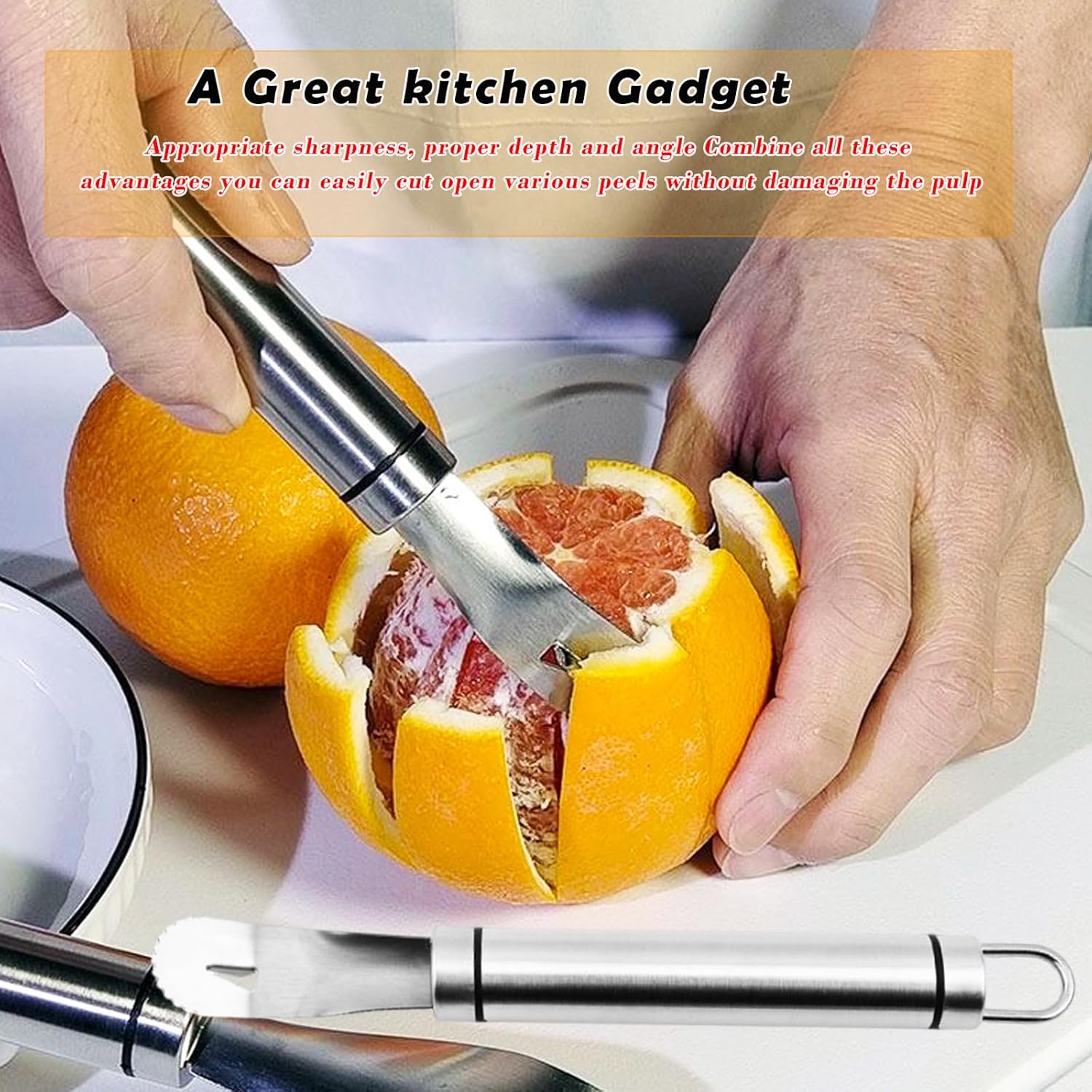 2PCS Stainless Steel Orange Peeler，Grapefruit Peeler，Easy to Peel, Long Handle Orange Citrus Peeler Tool, Triangular-Blade & Zigzag-Shovel Orange Peeler Gadget 2PCS