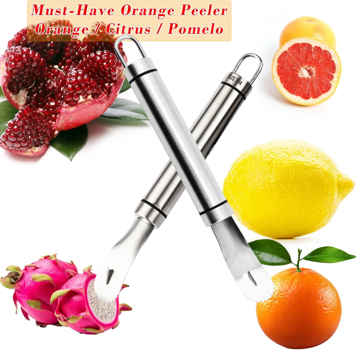 2PCS Stainless Steel Orange Peeler，Grapefruit Peeler，Easy to Peel, Long Handle Orange Citrus Peeler Tool, Triangular-Blade & Zigzag-Shovel Orange Peeler Gadget 2PCS