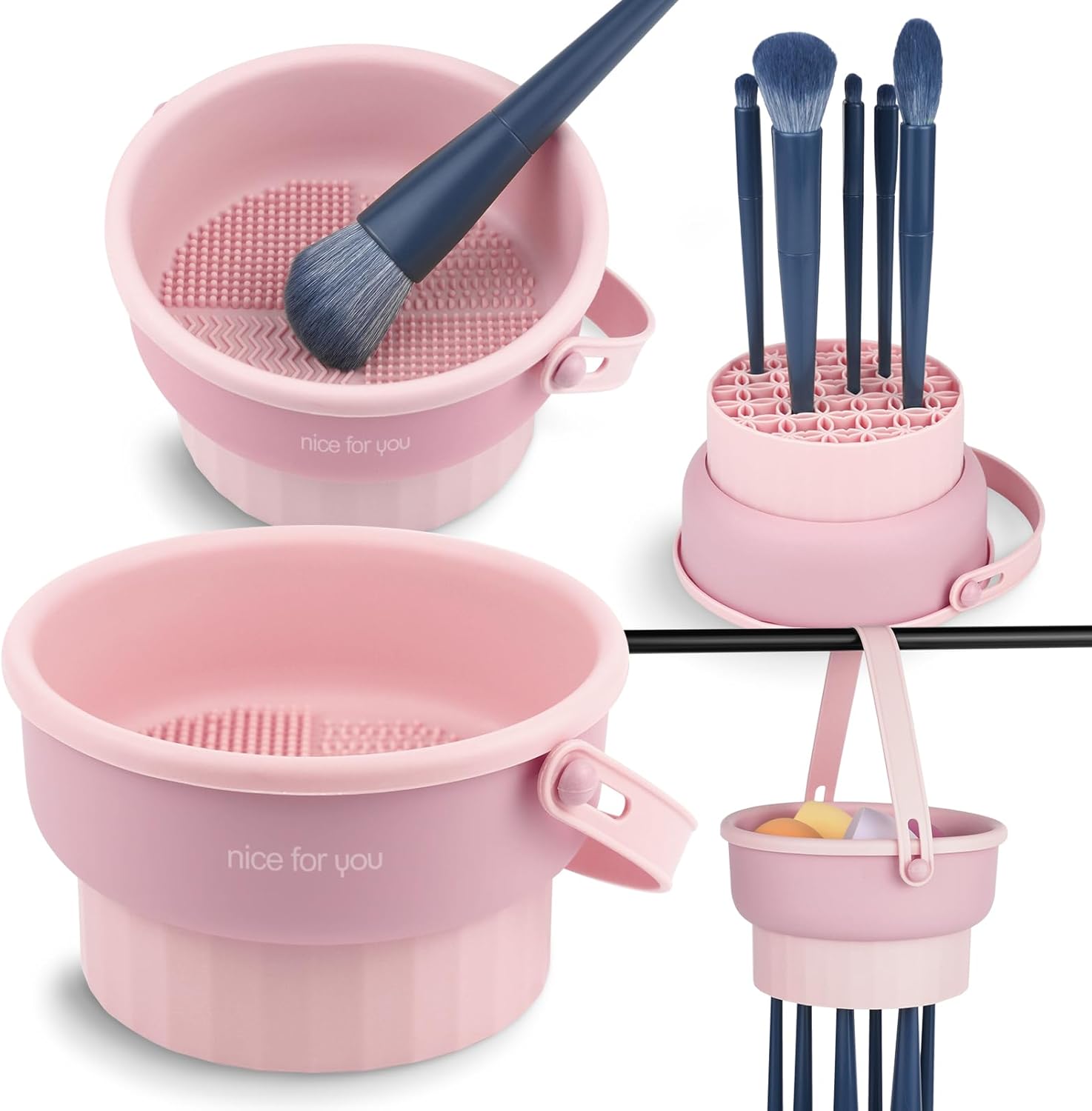 Makeup Brush Cleaner Mat 3 in 1 Silicone Makeup Brush Cleaning Bowl with Drying Holder Brush Cleaning Scrubber Tool Cosmetic Brush Cleaner with Holder for Storage Stand Pink