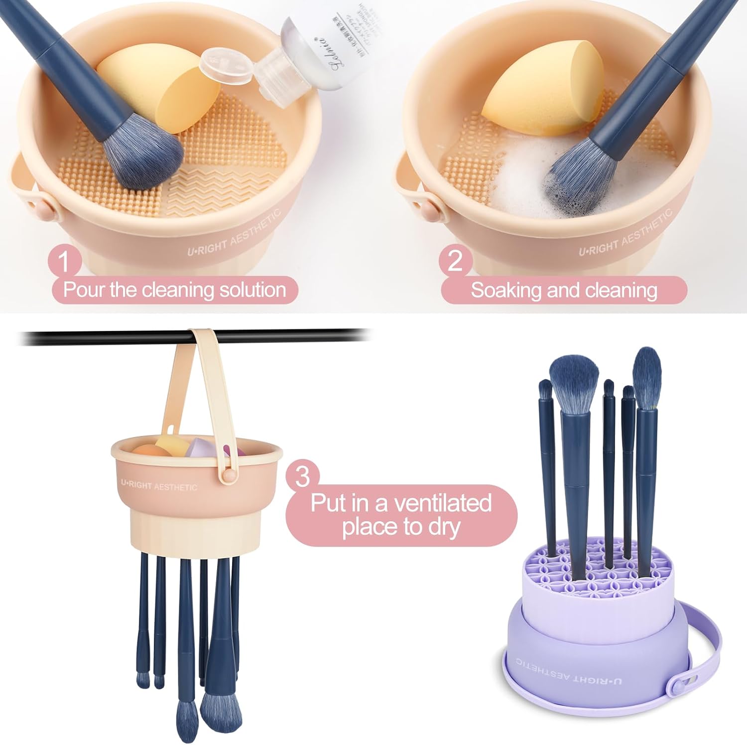 Makeup Brush Cleaner Mat 3 in 1 Silicone Makeup Brush Cleaning Bowl with Drying Holder Brush Cleaning Scrubber Tool Cosmetic Brush Cleaner with Holder for Storage Stand Pink