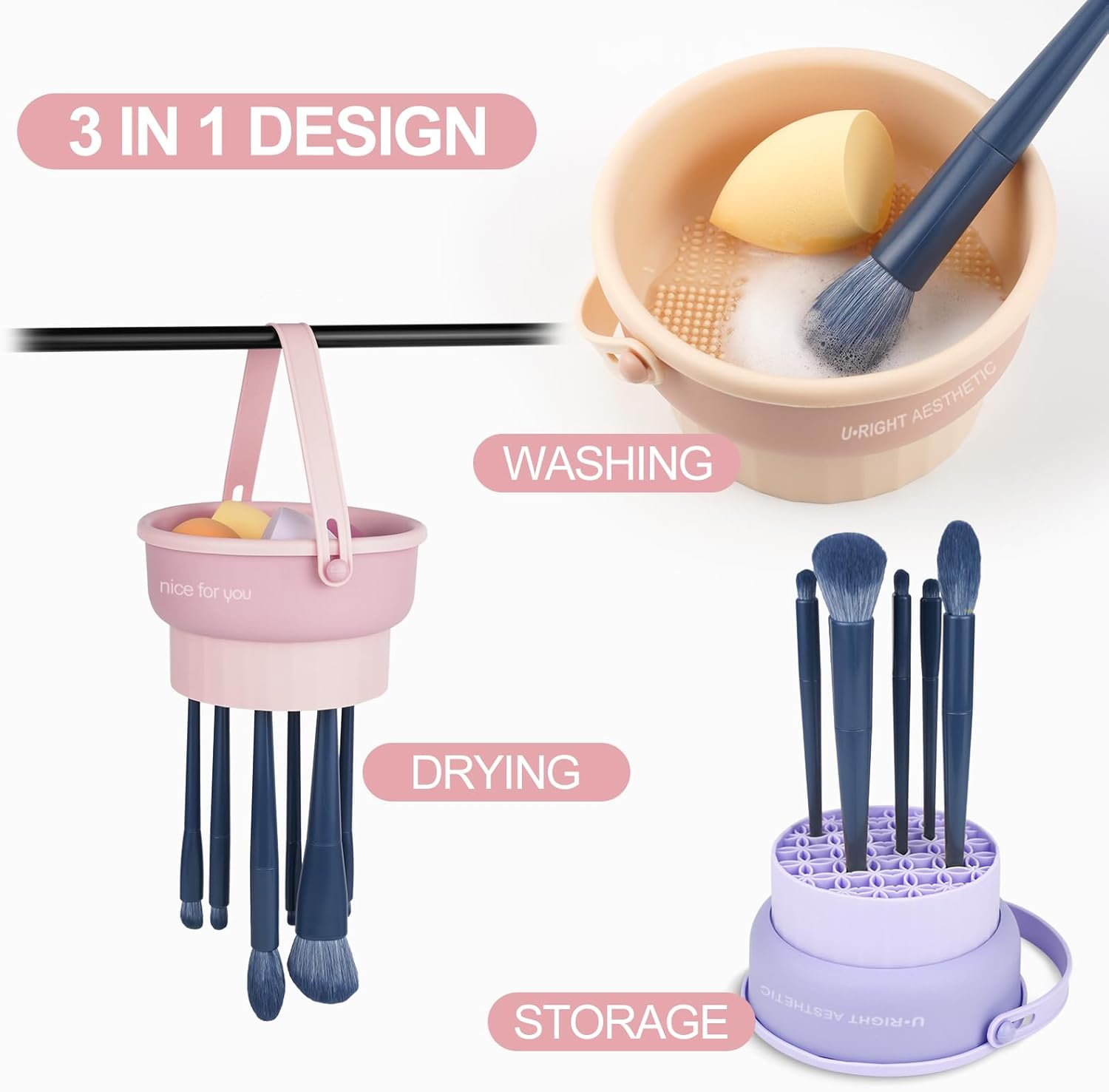 Makeup Brush Cleaner Mat 3 in 1 Silicone Makeup Brush Cleaning Bowl with Drying Holder Brush Cleaning Scrubber Tool Cosmetic Brush Cleaner with Holder for Storage Stand Pink
