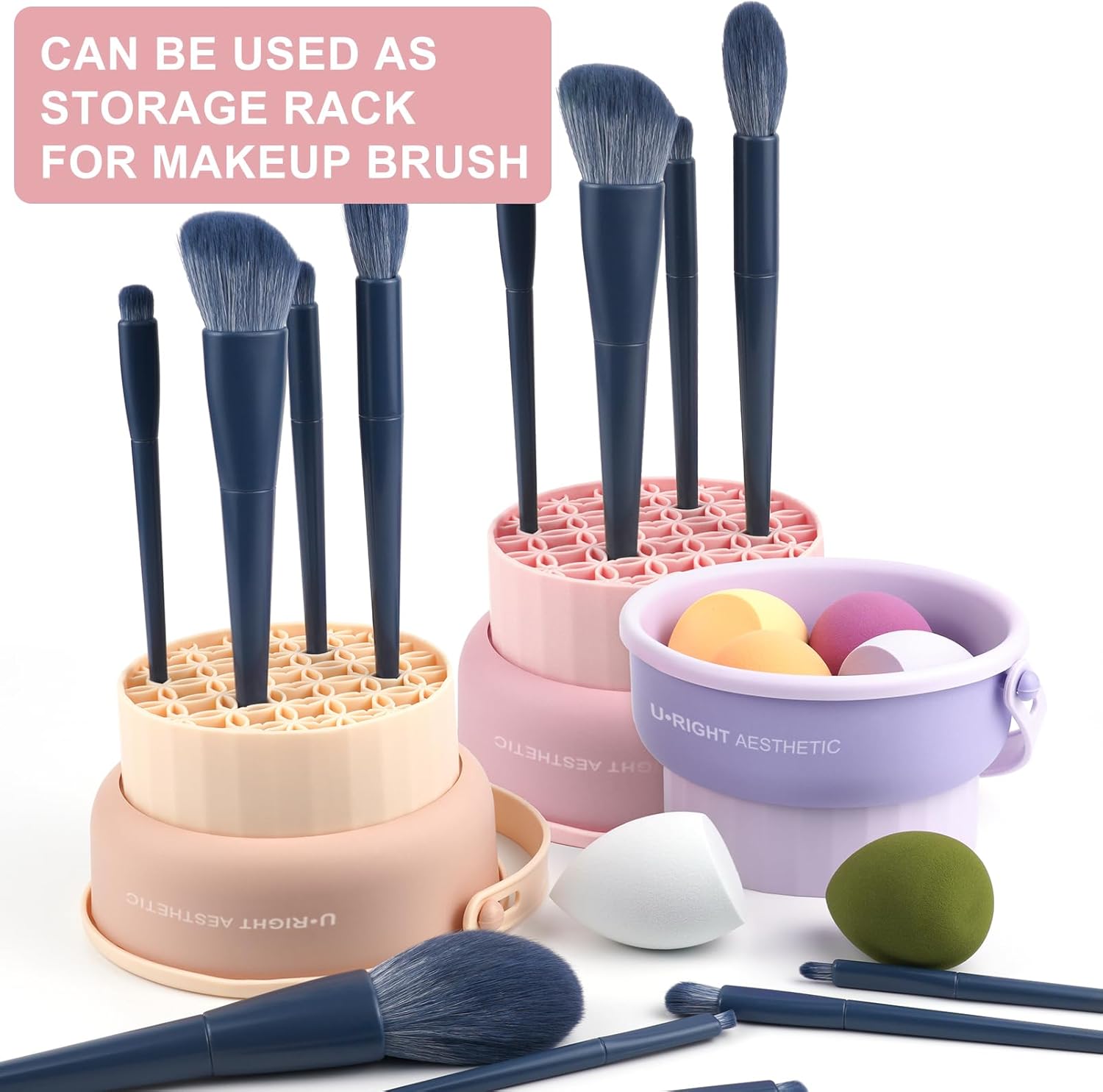 Makeup Brush Cleaner Mat 3 in 1 Silicone Makeup Brush Cleaning Bowl with Drying Holder Brush Cleaning Scrubber Tool Cosmetic Brush Cleaner with Holder for Storage Stand Pink