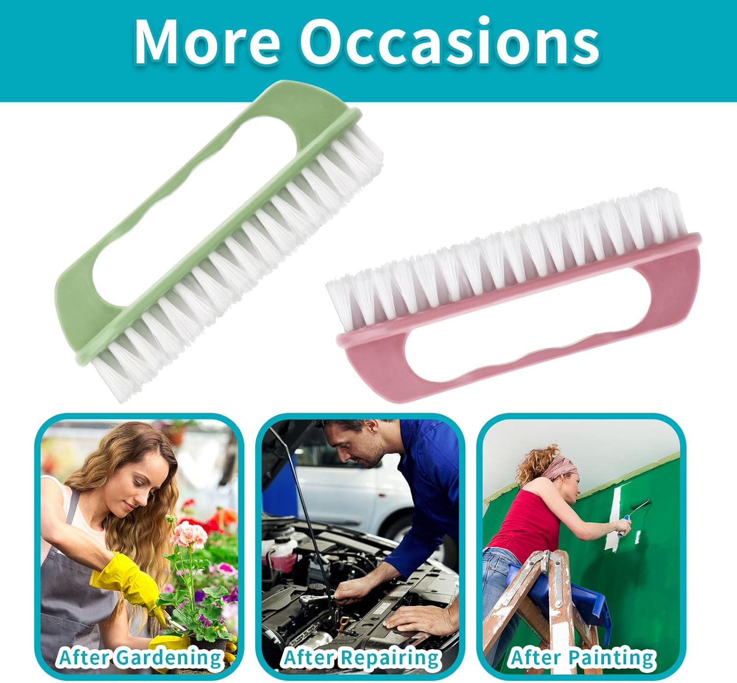 Hand Nail Cleaning Brush, 2 Pcs Durable Stiff Bristles Fingernails Scrub Cleaner with Handle Pink, Green