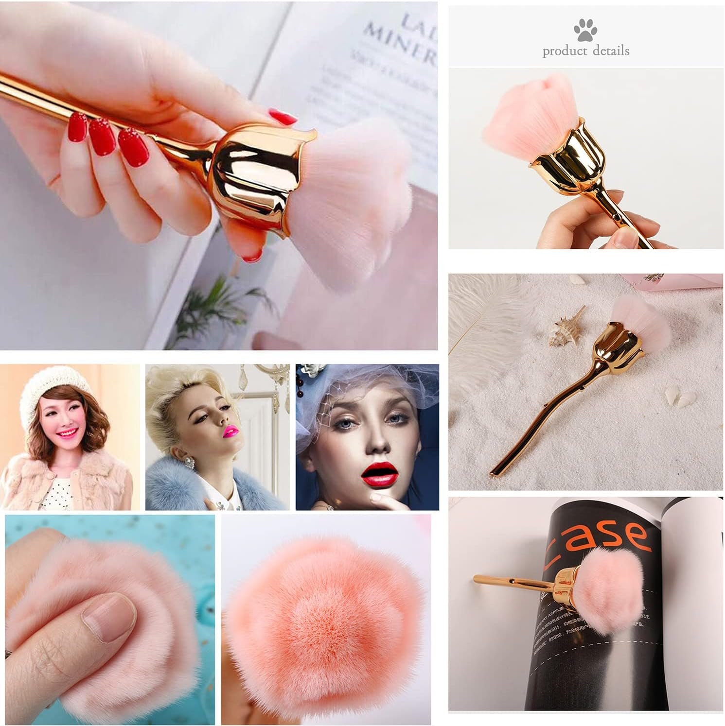 2 Pieces Rose Makeup Brushes Blush Brush Super Large Face Powder Makeup Brushes kabuki brushes for Powder Cosmetic Nail Dust Brush Loose Powder Brush Makeup Manicure Gold/Pink
