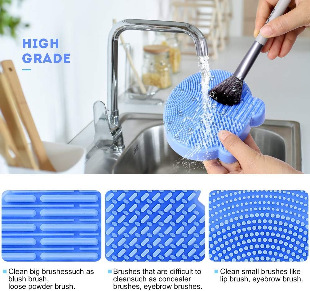 Makeup Brush Cleaning Mat, 2 in 1 Silicone Brush Cleaner Pad with Brushes Drying Holder,Portable Travel Cosmetic Brush Dryer Pad Washing Tool, Blue