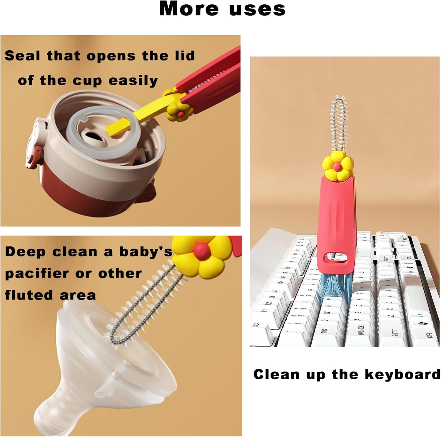 3 Pack 3-in-1 Cup Lid Cleaning Brush Set, Multifunctional Crevice Cleaner Tool for Bottle Gaps, Straw & Sealed Lid, Portable Brush for Food Storage Containers