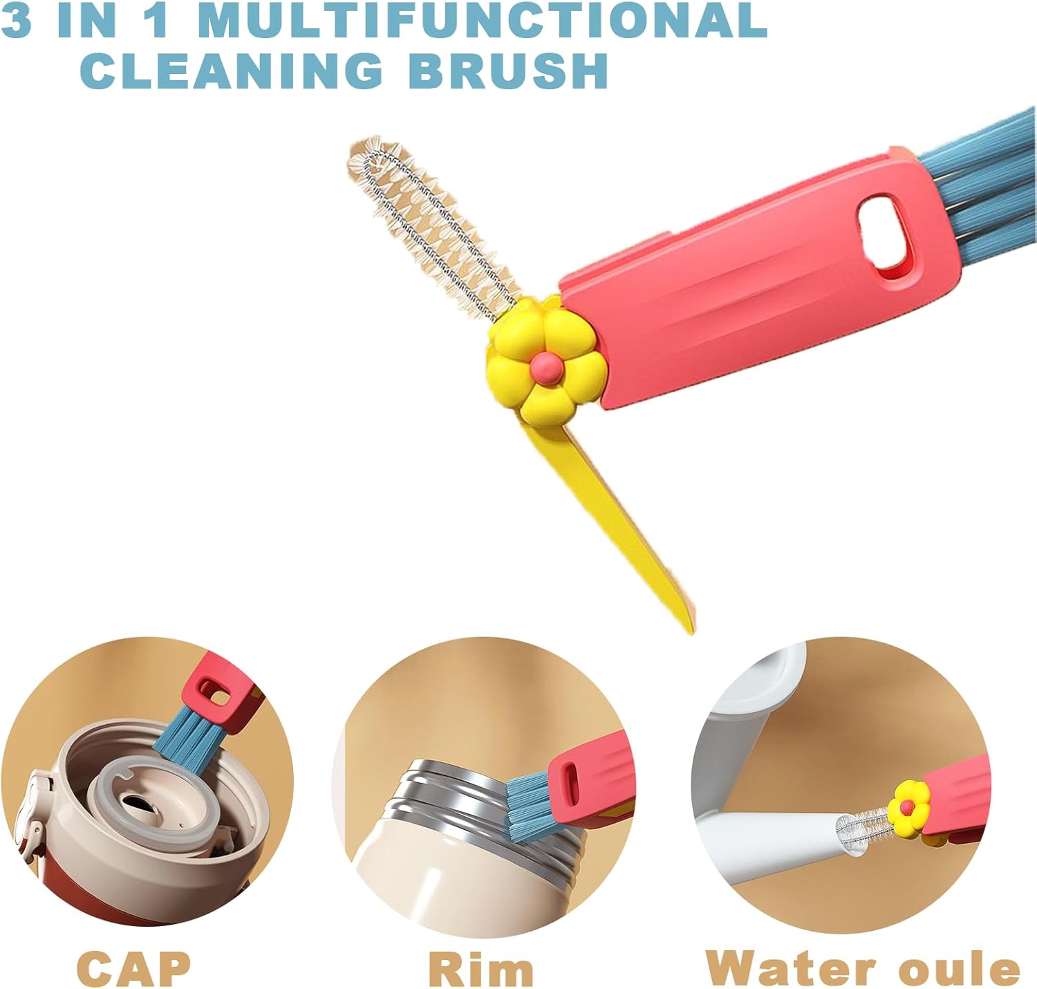 3 Pack 3-in-1 Cup Lid Cleaning Brush Set, Multifunctional Crevice Cleaner Tool for Bottle Gaps, Straw & Sealed Lid, Portable Brush for Food Storage Containers