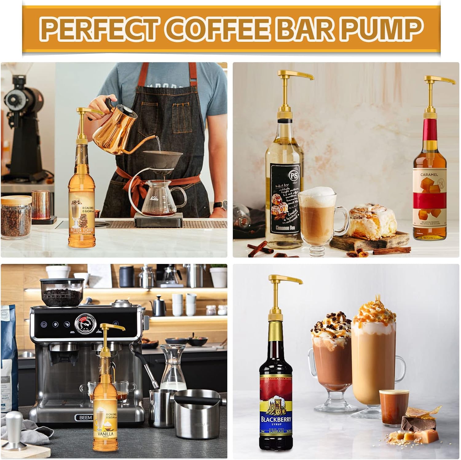 4PCS Syrup Pump for 25.4 Oz/750ml Flavorings Bottles, Coffee Syrup Pump Dispenser, Compatible with Torani, Matteo's, DaVinci, Jordans Skinny Syrups Bottles, Syrup Dispenser for Coffee Bar Accessories