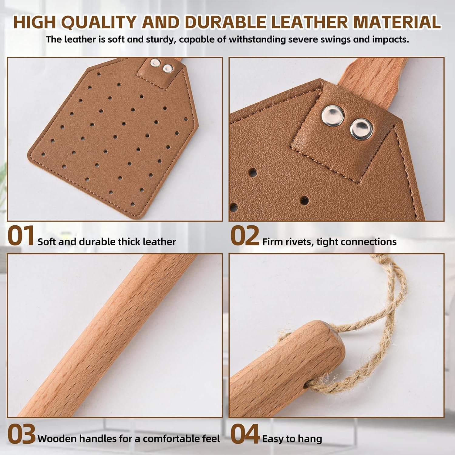 2 Pcs Leather Fly Swatter with Wood Handle, Durable Heavy Duty Fly Insects Catcher for Indoor Outdoor, Wooden Design Fly Killer Pest Control Bug Swatter Manual for Spiders, Flies, Bees, Mosquitoes