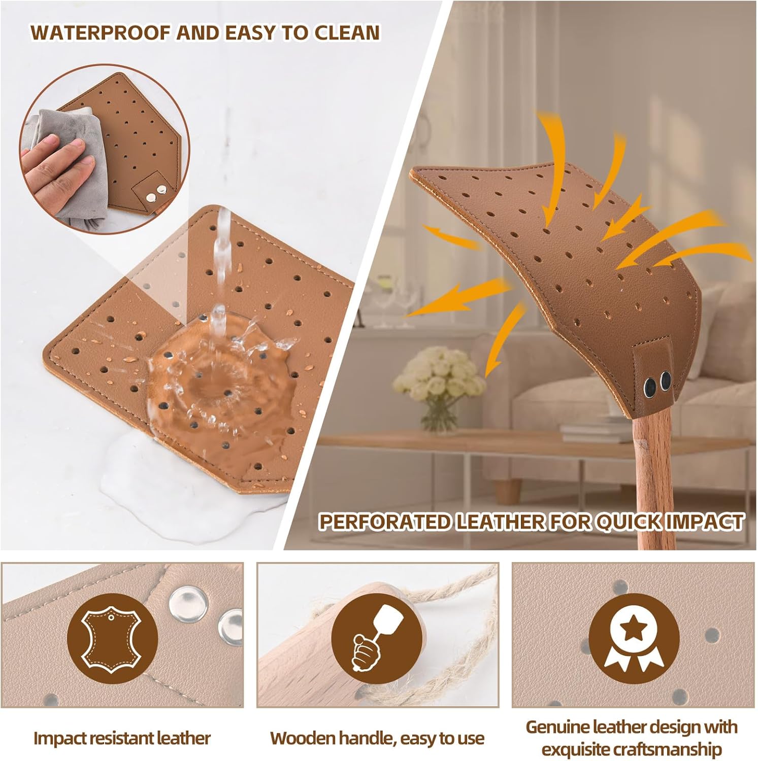 2 Pcs Leather Fly Swatter with Wood Handle, Durable Heavy Duty Fly Insects Catcher for Indoor Outdoor, Wooden Design Fly Killer Pest Control Bug Swatter Manual for Spiders, Flies, Bees, Mosquitoes