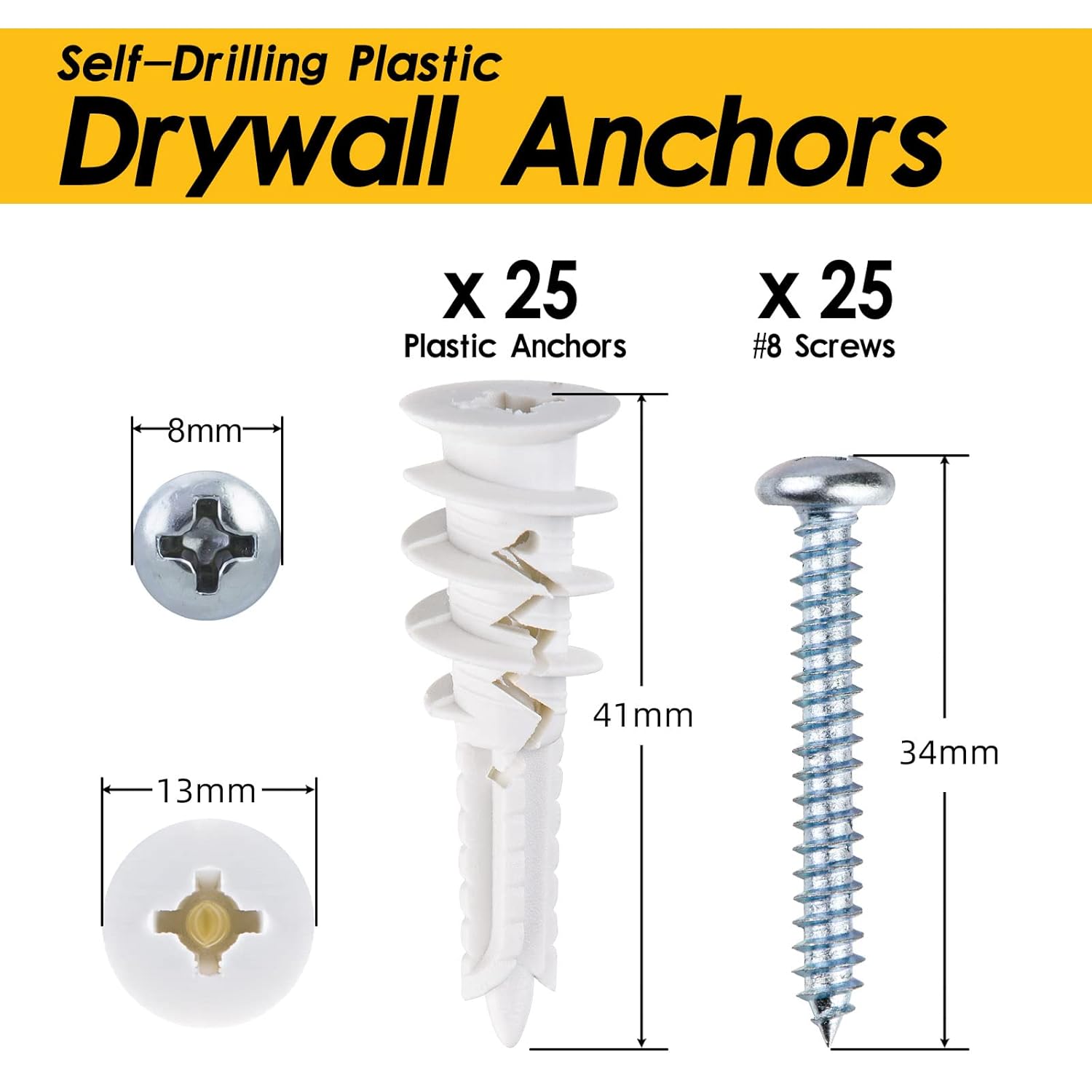 #8 Self Drilling Plastic Drywall Anchors and Screws Kit for Drywall, 25 pcs Wall Anchors & 25 pcs Drywall Screws, No Pre Drill Hole Preparation Required, 75LBS to Hang and Mount Heavy Items