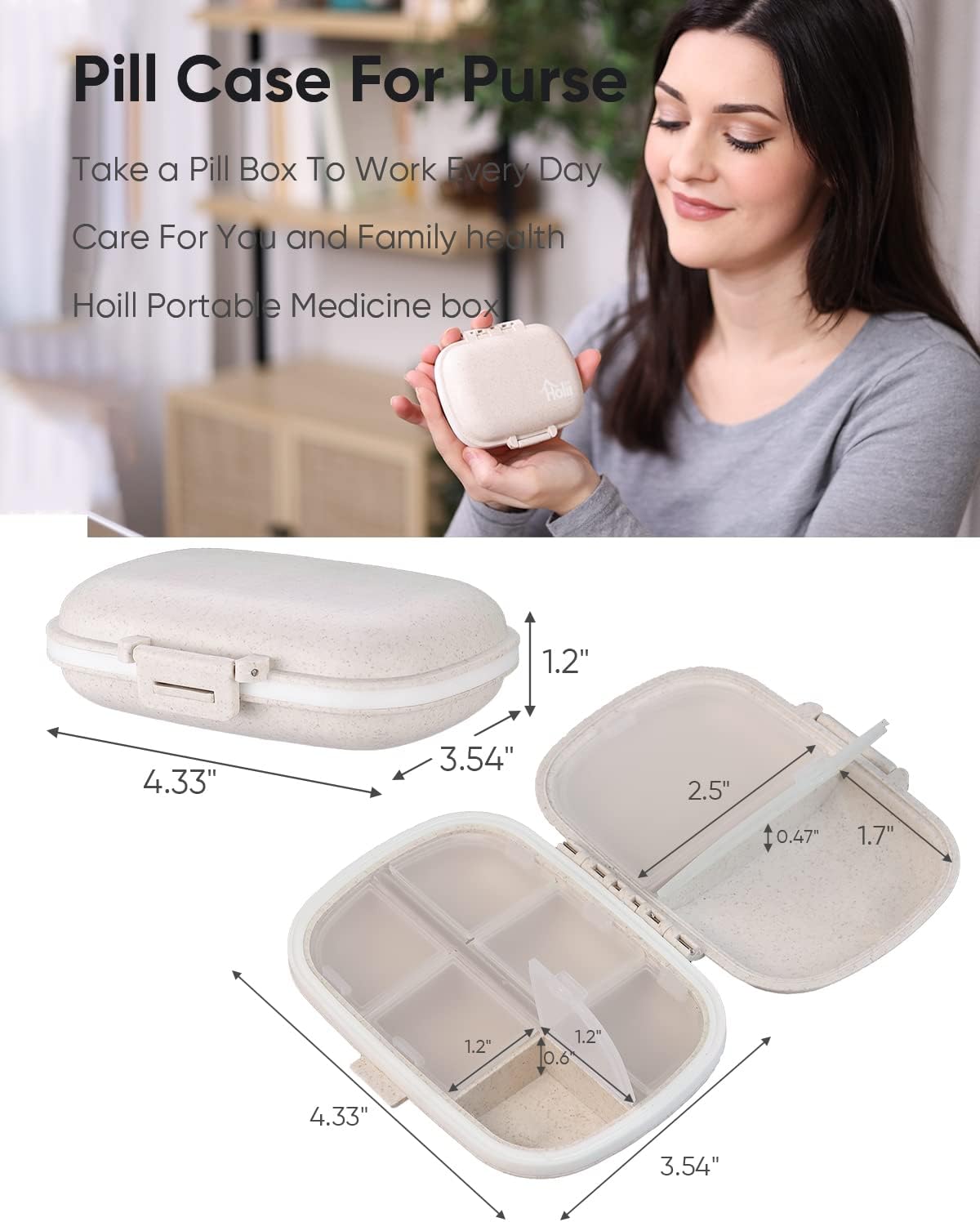 Travel Pill Organizer, 8 Compartments Portable Pill Case, Daily Pill Box to Hold Vitamins, Small Pill Container for Pocket Purse Medicine Organizer Khaki