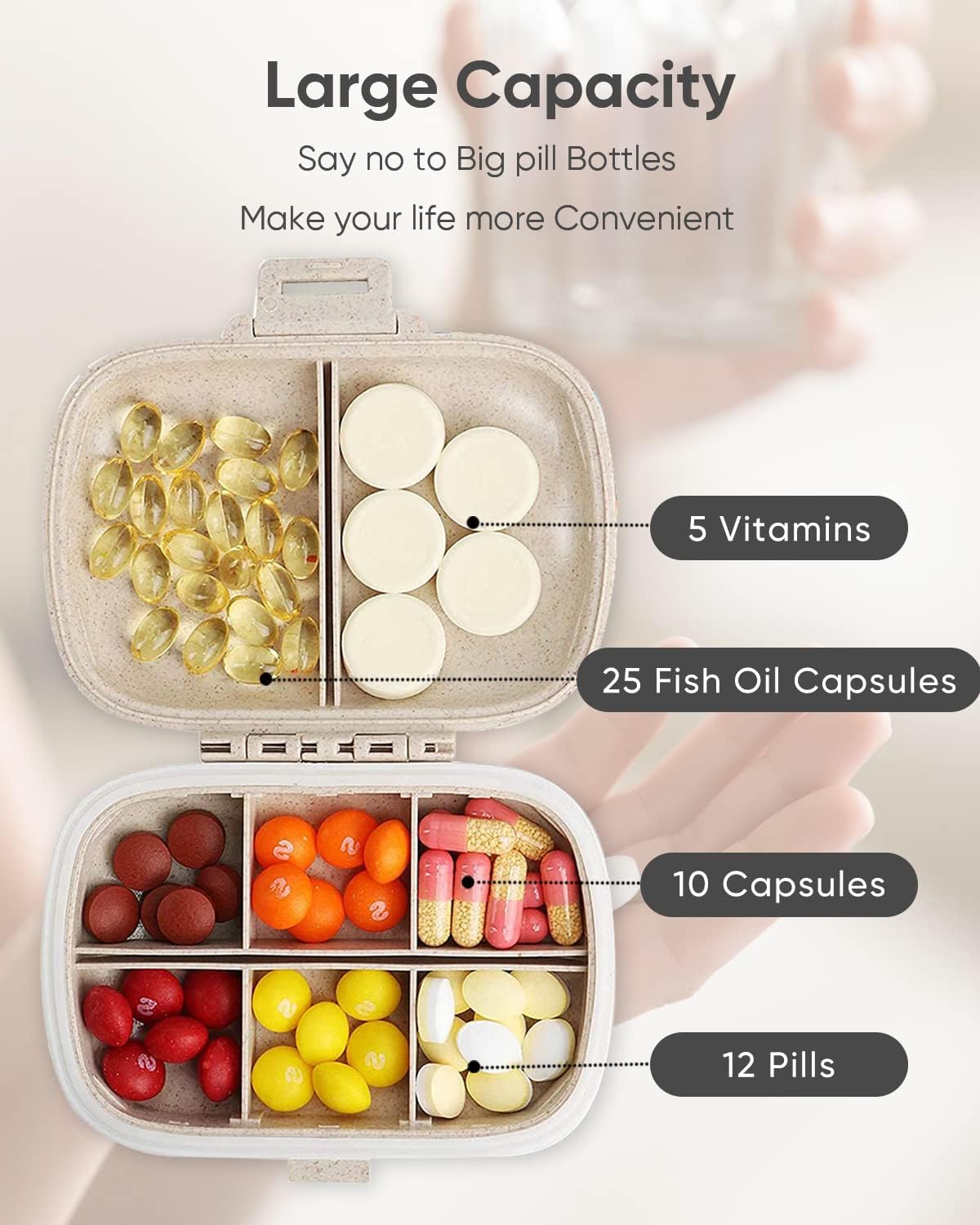 Travel Pill Organizer, 8 Compartments Portable Pill Case, Daily Pill Box to Hold Vitamins, Small Pill Container for Pocket Purse Medicine Organizer Khaki