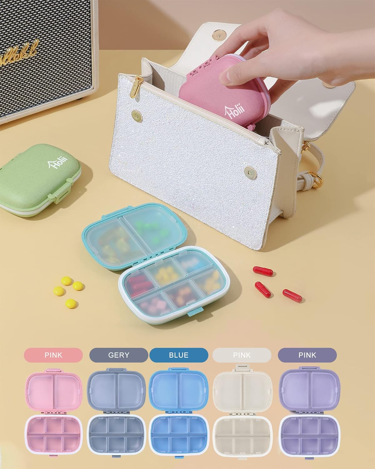 Travel Pill Organizer, 8 Compartments Portable Pill Case, Daily Pill Box to Hold Vitamins, Small Pill Container for Pocket Purse Medicine Organizer Khaki