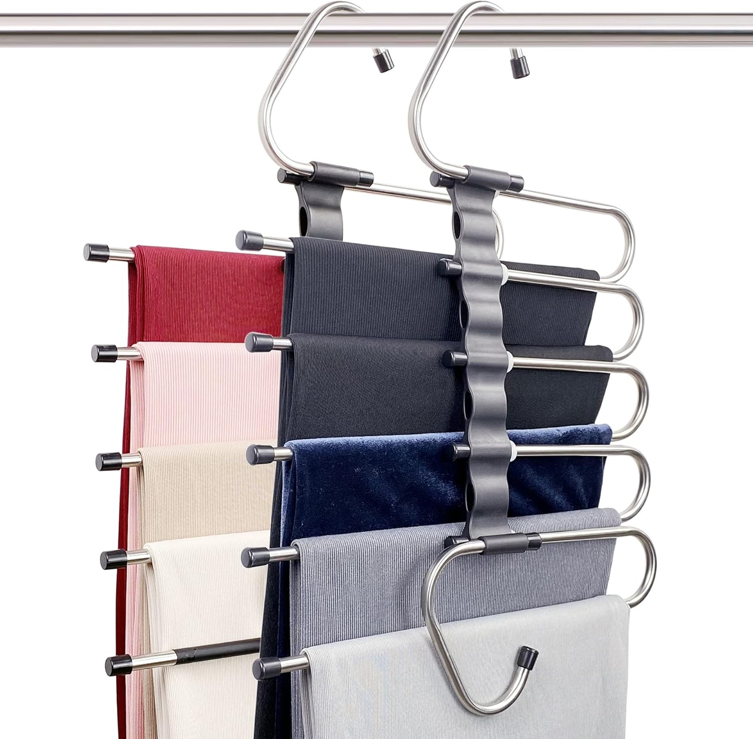 Magic Pants Hangers Space Saving - 2 Pack for Closet Multiple Layers Multifunctional Uses Rack Organizer for Trousers Scarves Slack 2 Pack with 10 Metal Clips