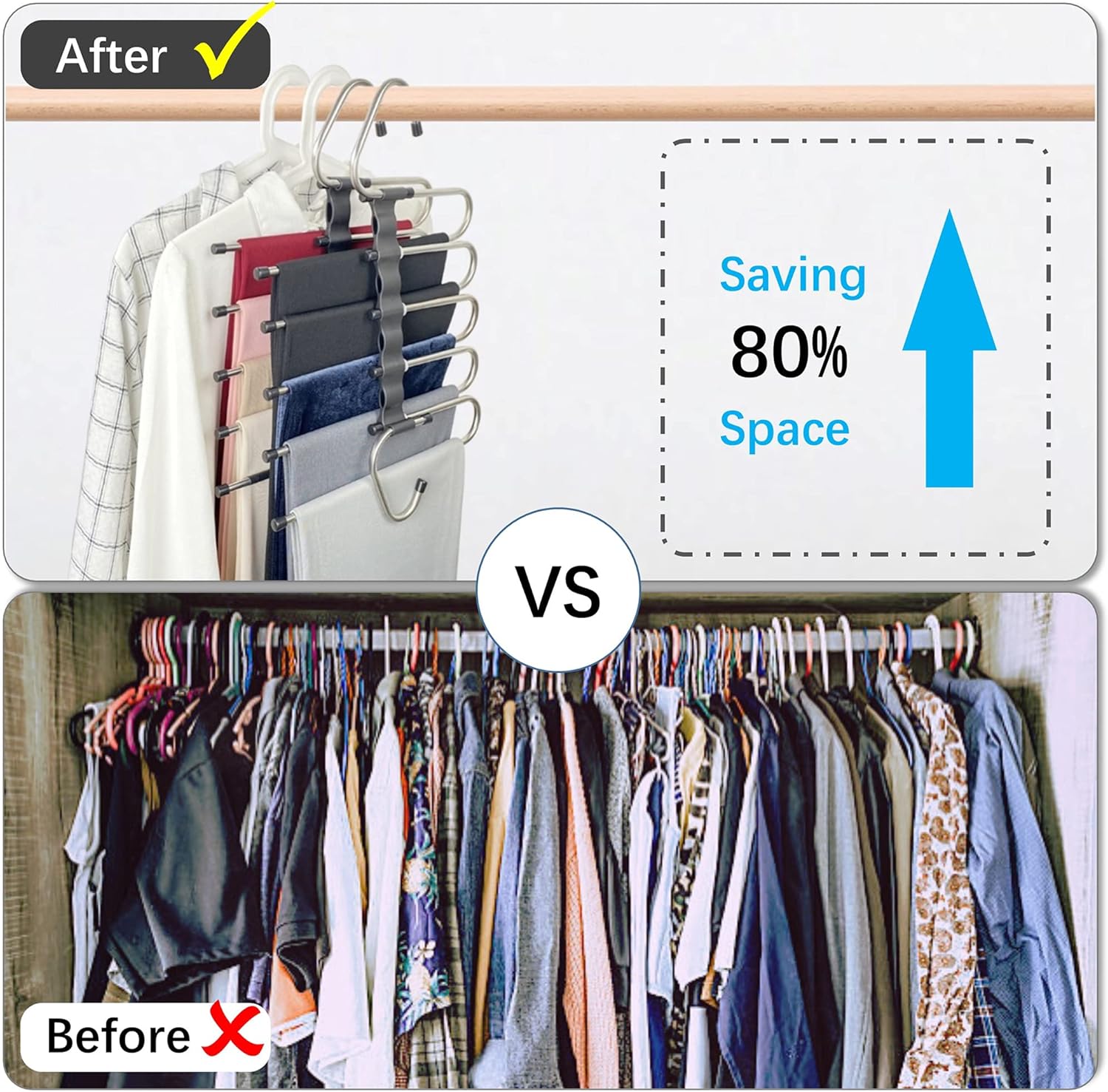 Magic Pants Hangers Space Saving - 2 Pack for Closet Multiple Layers Multifunctional Uses Rack Organizer for Trousers Scarves Slack 2 Pack with 10 Metal Clips