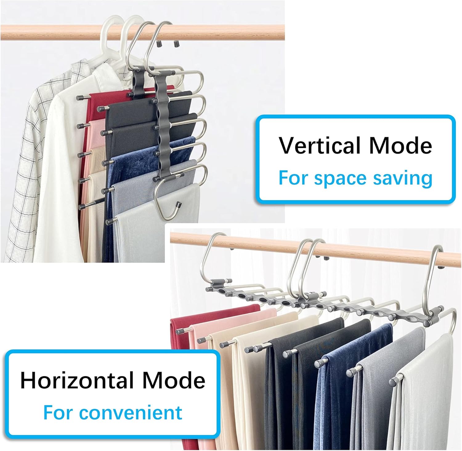 Magic Pants Hangers Space Saving - 2 Pack for Closet Multiple Layers Multifunctional Uses Rack Organizer for Trousers Scarves Slack 2 Pack with 10 Metal Clips