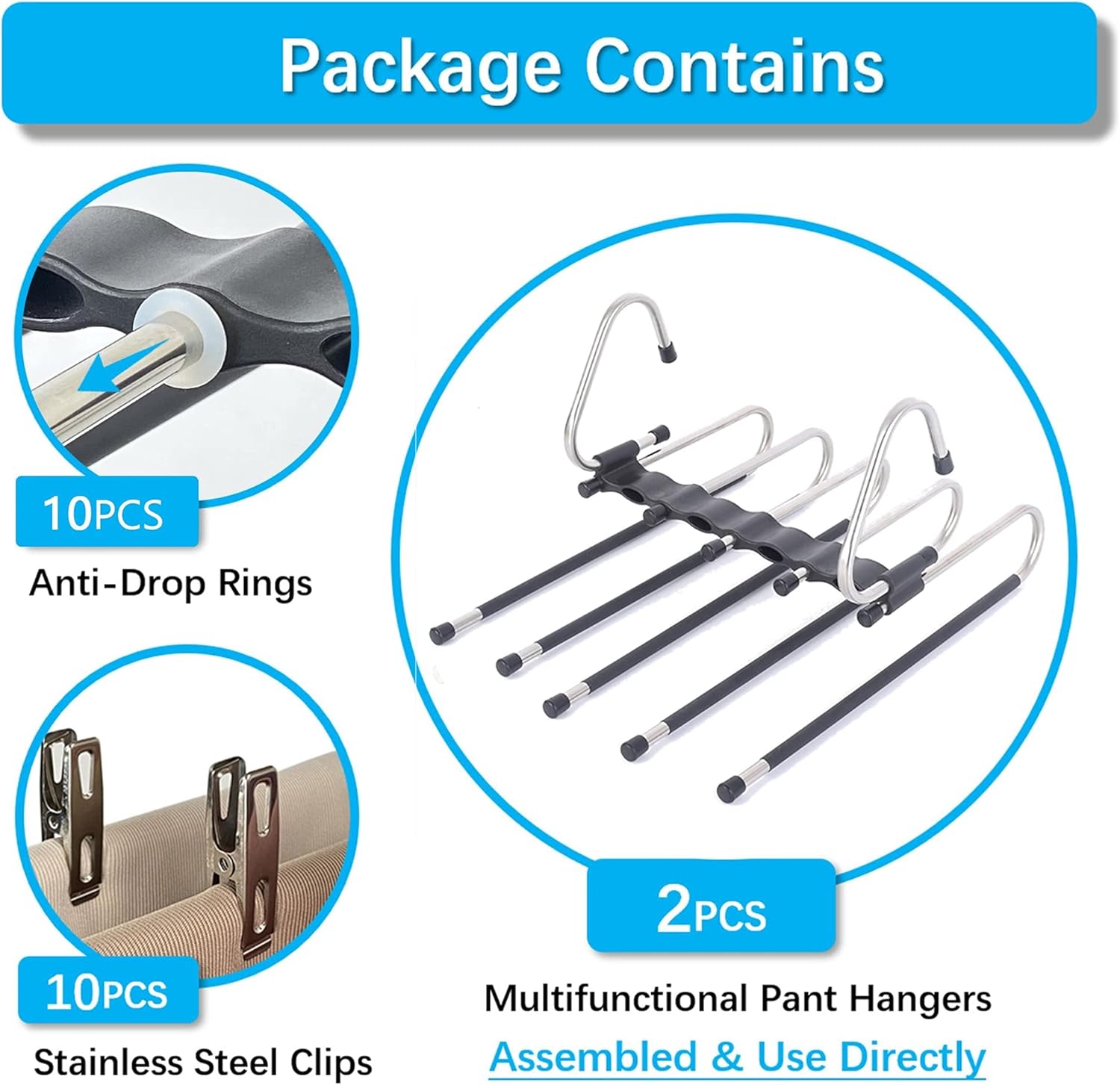 Magic Pants Hangers Space Saving - 2 Pack for Closet Multiple Layers Multifunctional Uses Rack Organizer for Trousers Scarves Slack 2 Pack with 10 Metal Clips