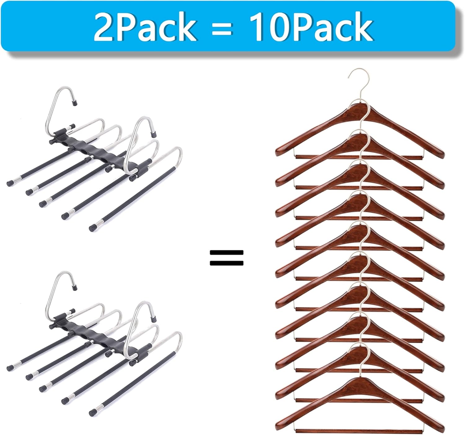 Magic Pants Hangers Space Saving - 2 Pack for Closet Multiple Layers Multifunctional Uses Rack Organizer for Trousers Scarves Slack 2 Pack with 10 Metal Clips